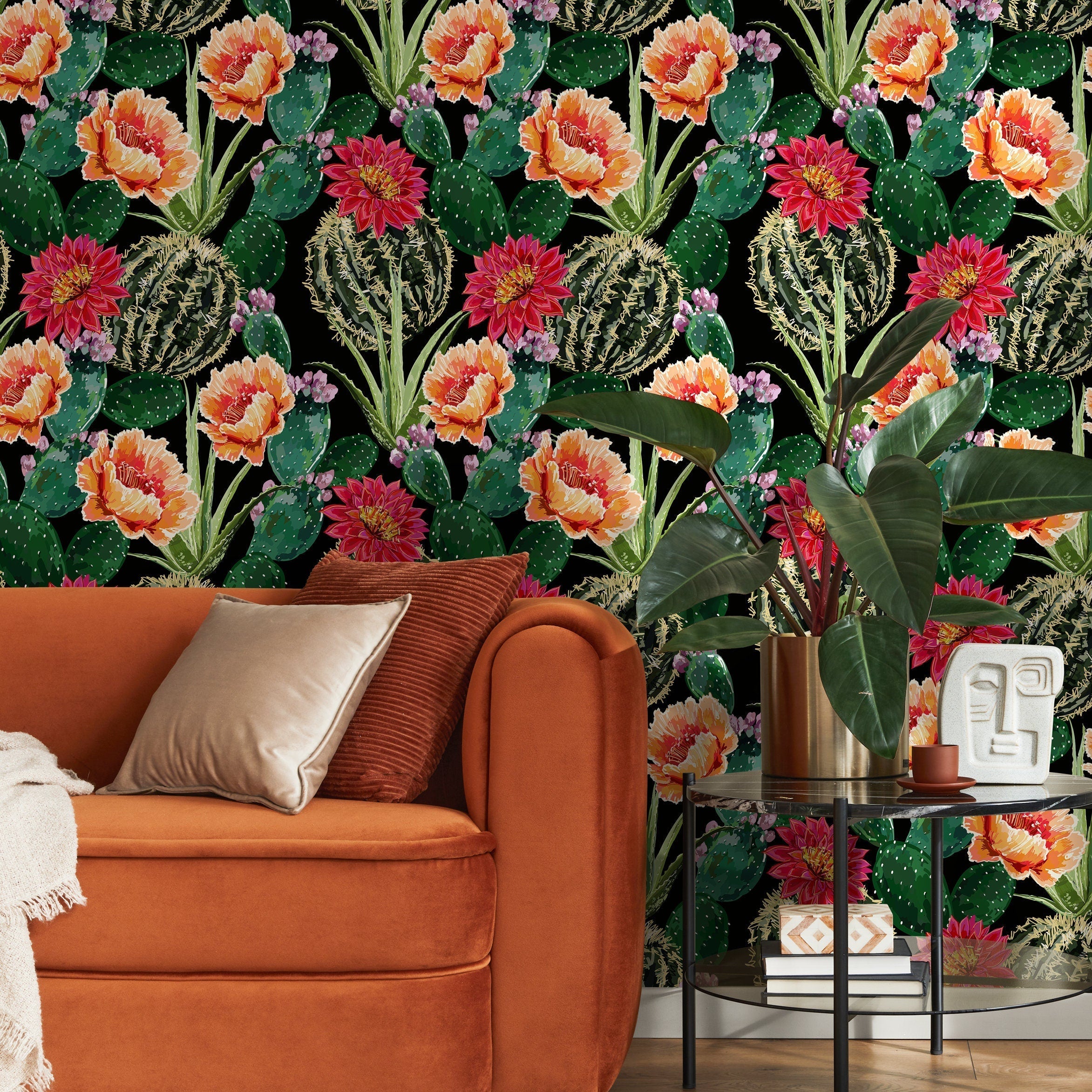 Cactus Wallpaper With Blooming Desert Flowers In Red, Orange, And Green - A913