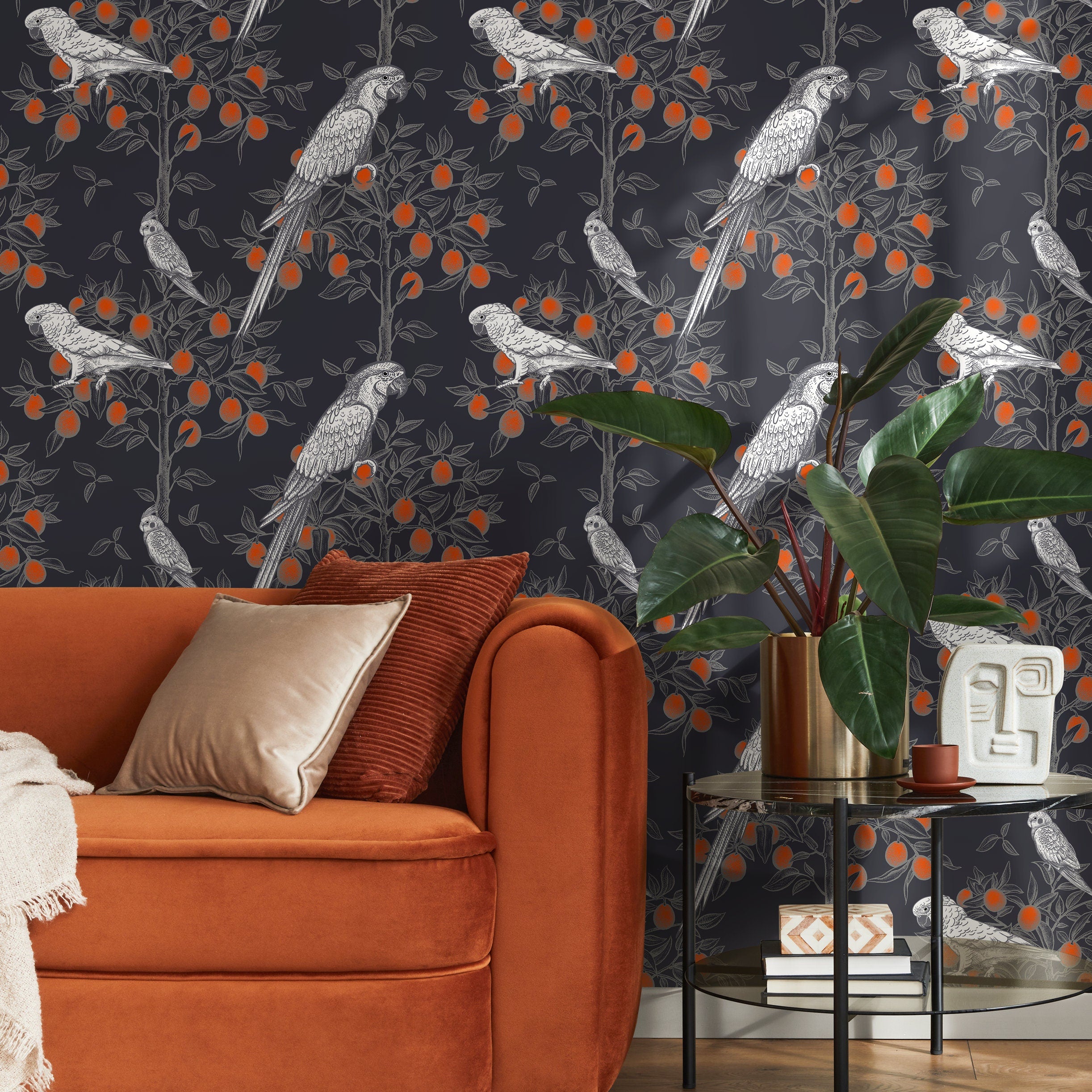 Botanical Wallpaper With Parrots In Orange Trees In Black, Grey, And Orange - A919