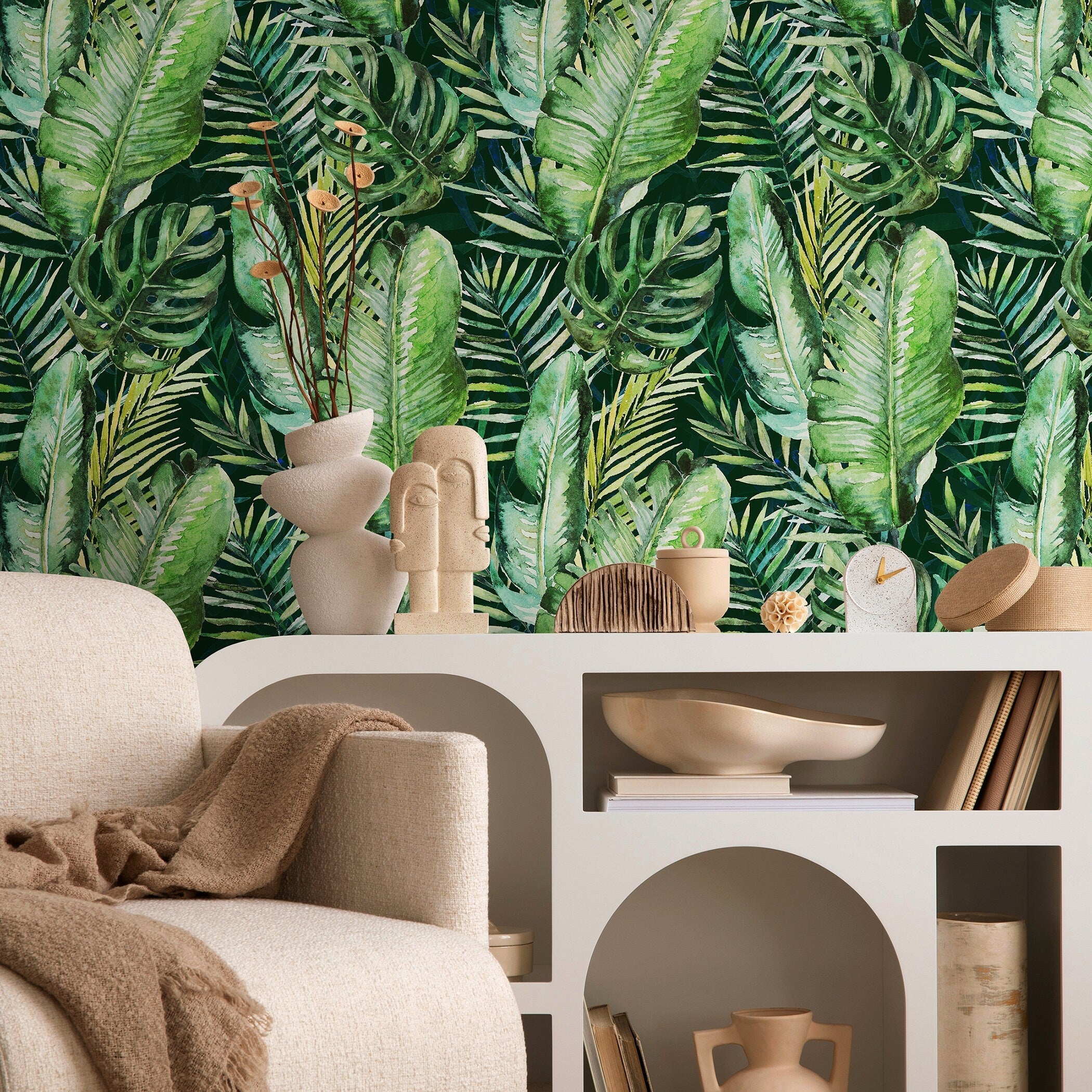 Tropical Wallpaper Featuring Watercolor Jungle Leaves In Green And Yellow - A927