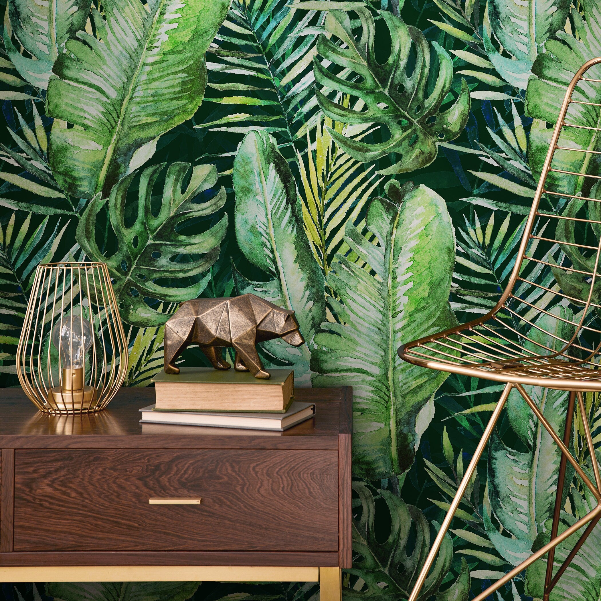 Tropical Wallpaper Featuring Watercolor Jungle Leaves In Green And Yellow - A927