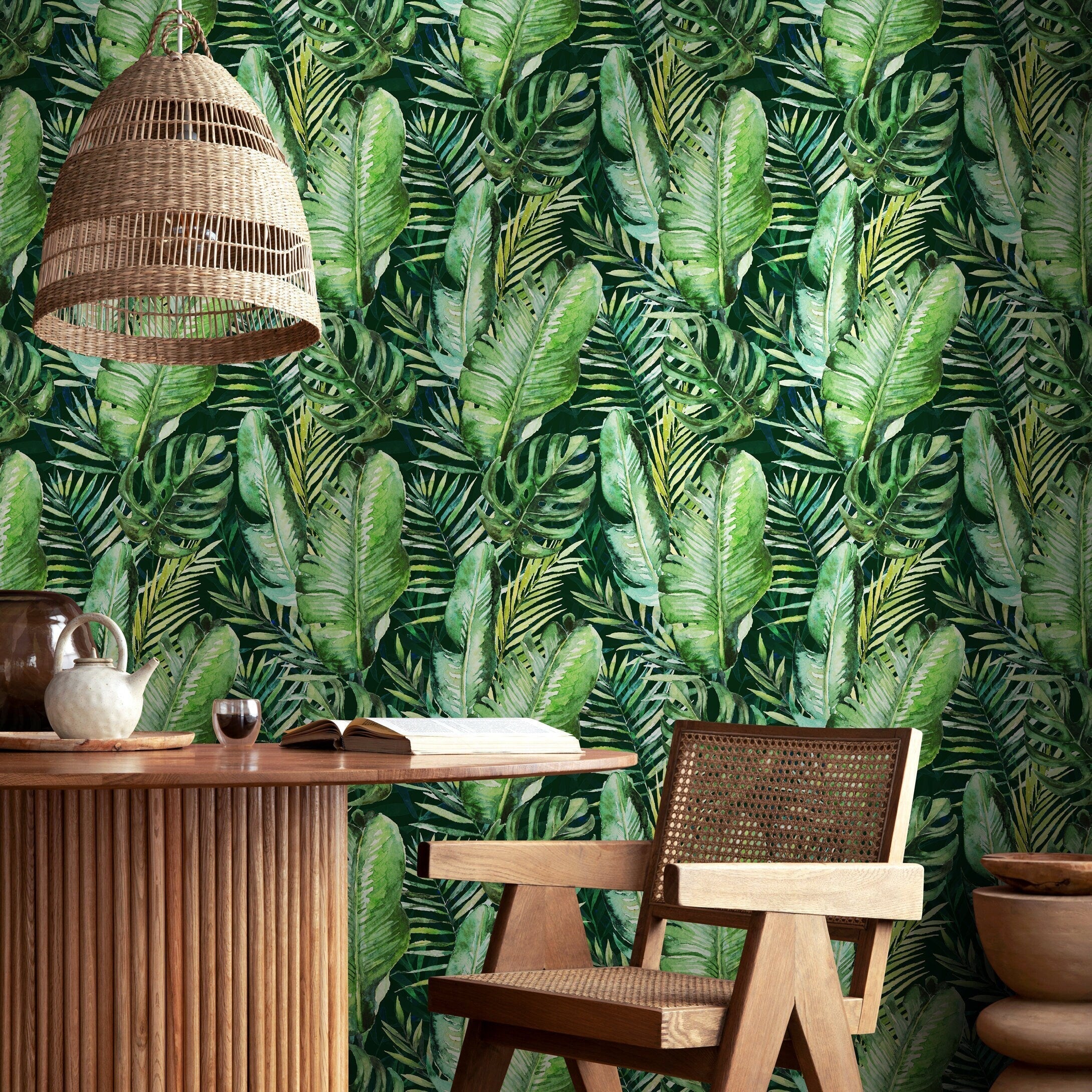 Tropical Wallpaper Featuring Watercolor Jungle Leaves In Green And Yellow - A927