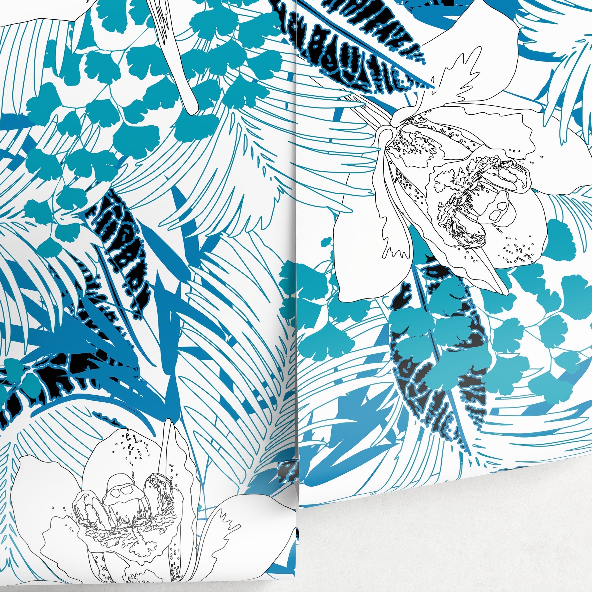 Floral Wallpaper With Line Art Orchids And Tropical Leaves In Blue And Black - A937