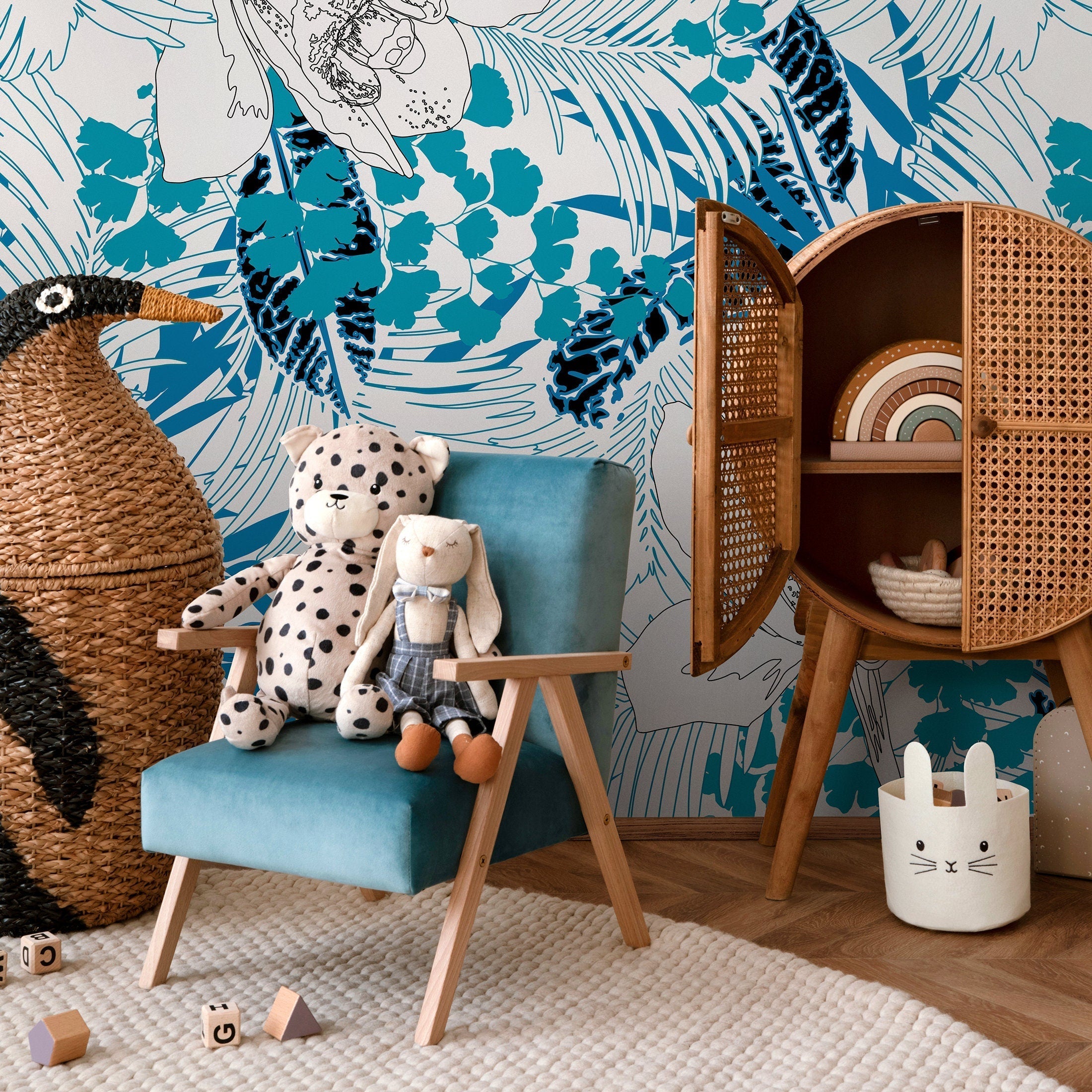 Floral Wallpaper With Line Art Orchids And Tropical Leaves In Blue And Black - A937