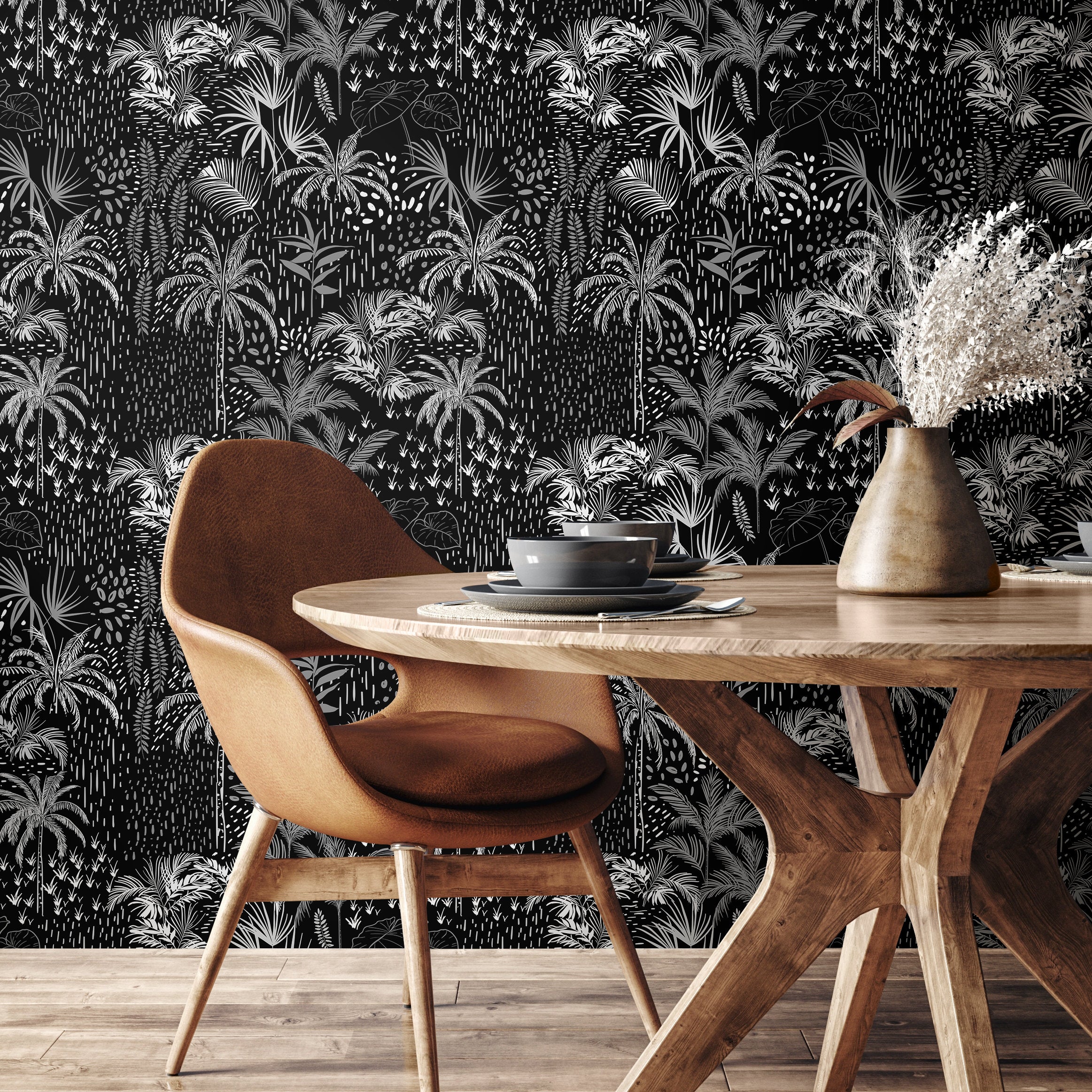Tropical Wallpaper With A Graphic Jungle Scene In Black And White - A945