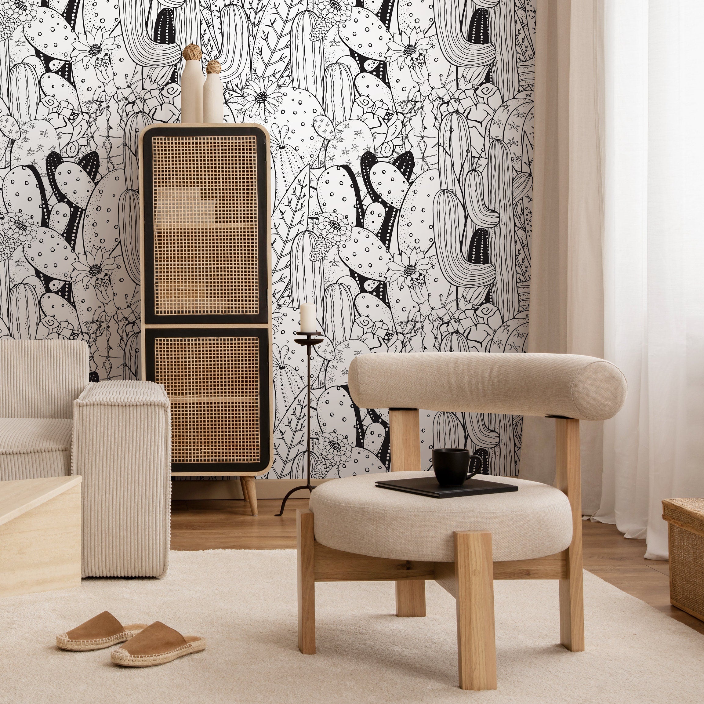 Cactus Wallpaper With A Line Art Desert Motif In Black And White - A946