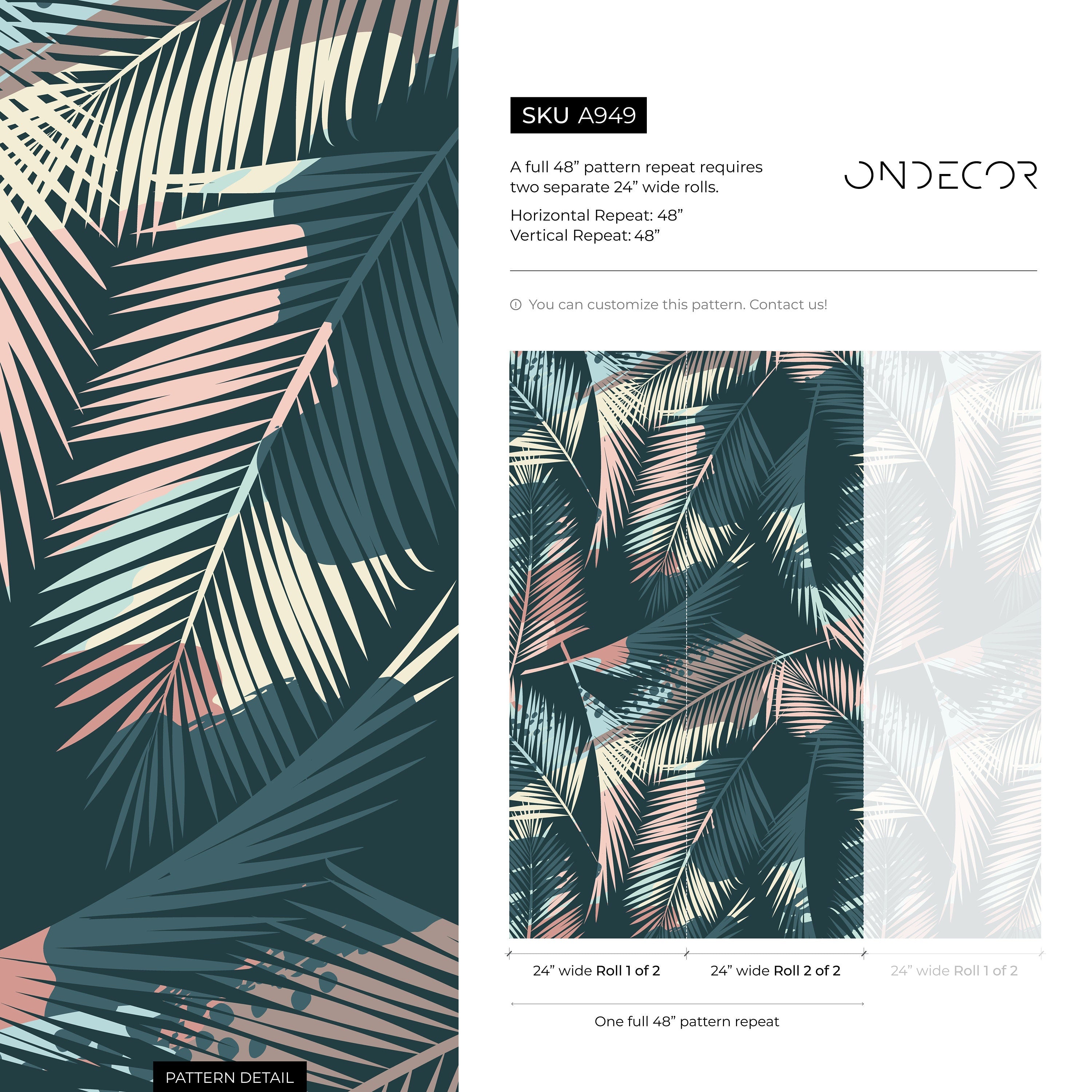 Tropical Wallpaper With Layered Palm Fronds In Teal, Pink, And Cream - A949