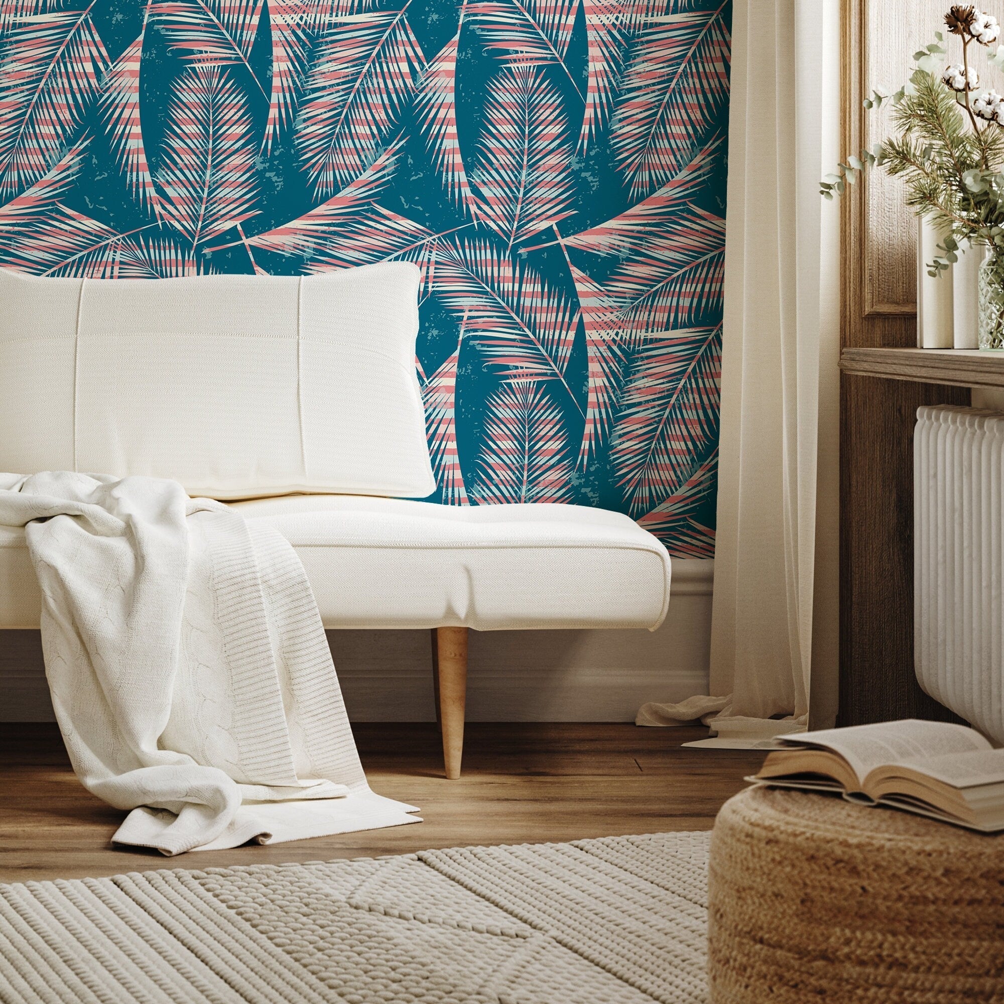 Tropical Wallpaper With Striped Palm Fronds In Teal, Coral, And Blue - A963