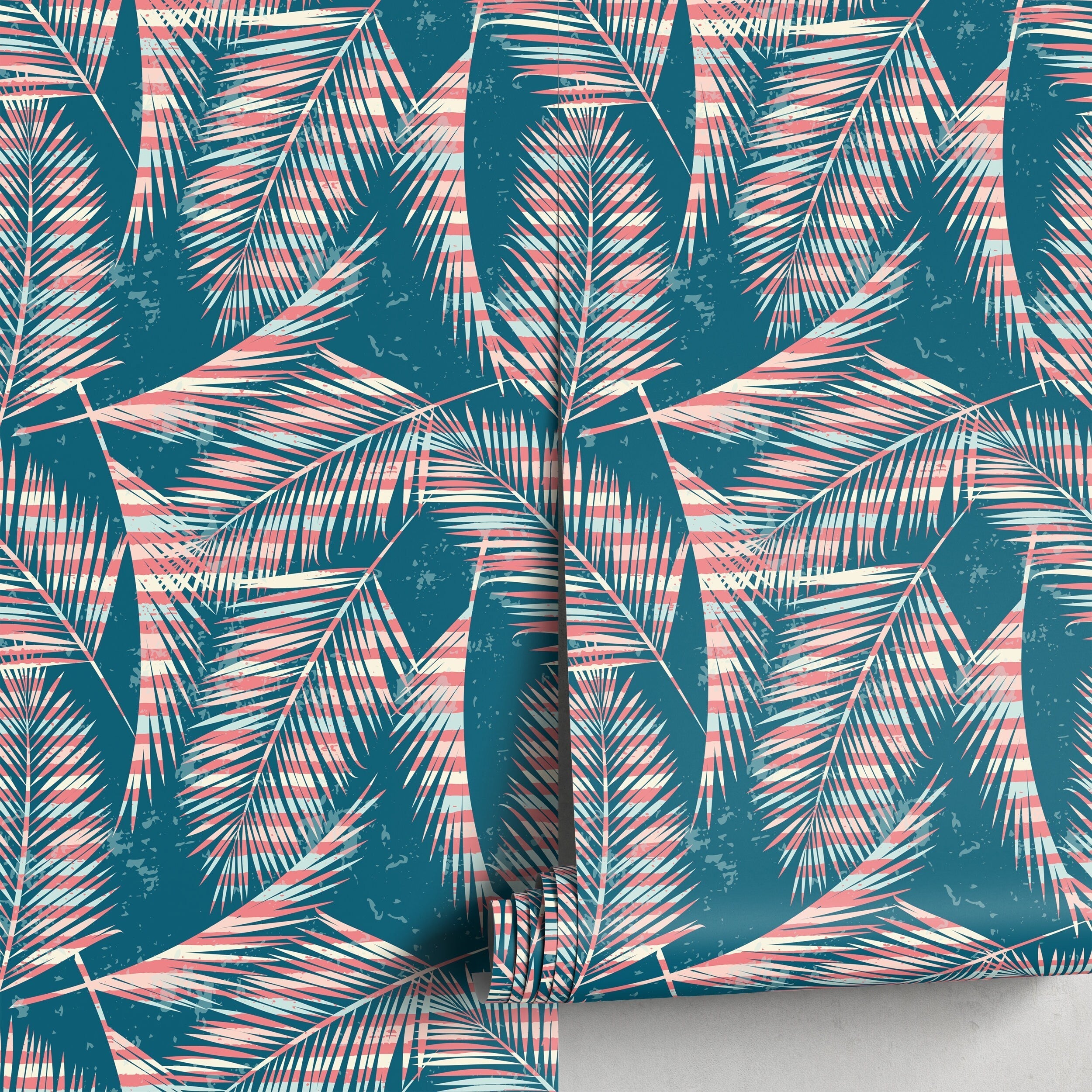 Tropical Wallpaper With Striped Palm Fronds In Teal, Coral, And Blue - A963