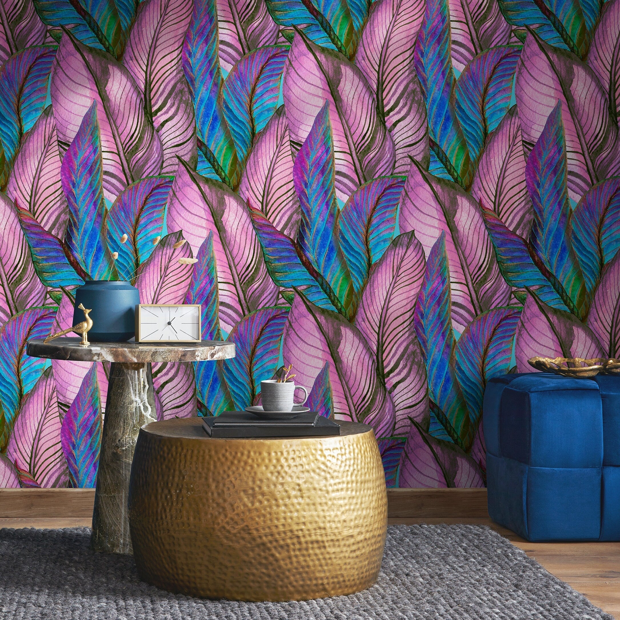 Botanical Wallpaper With A Tropical Leaf Motif In Purple, Blue, And Pink - A964