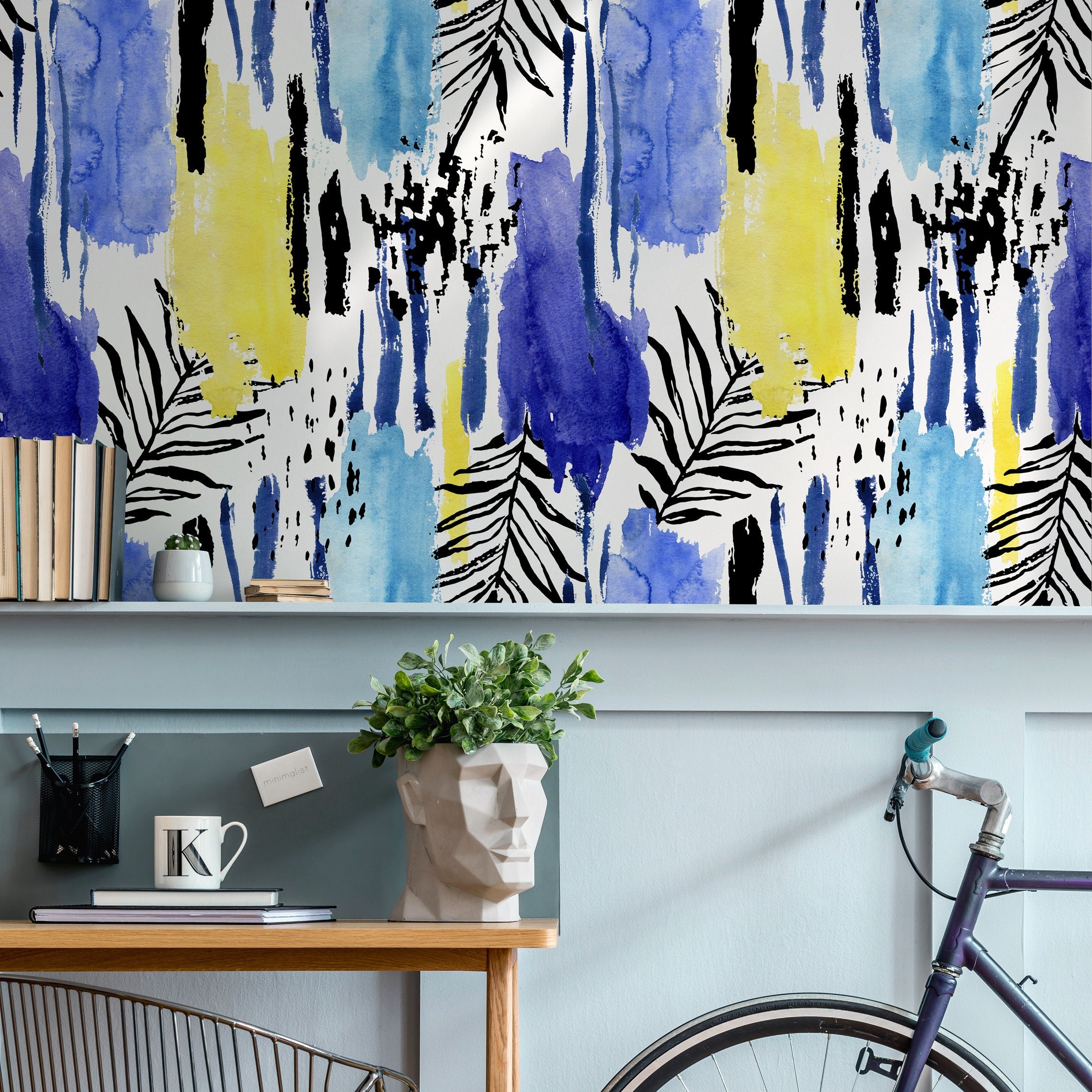Abstract Wallpaper With Watercolor Stripes And Palm Leaves In Blue, Yellow, And Black - A966