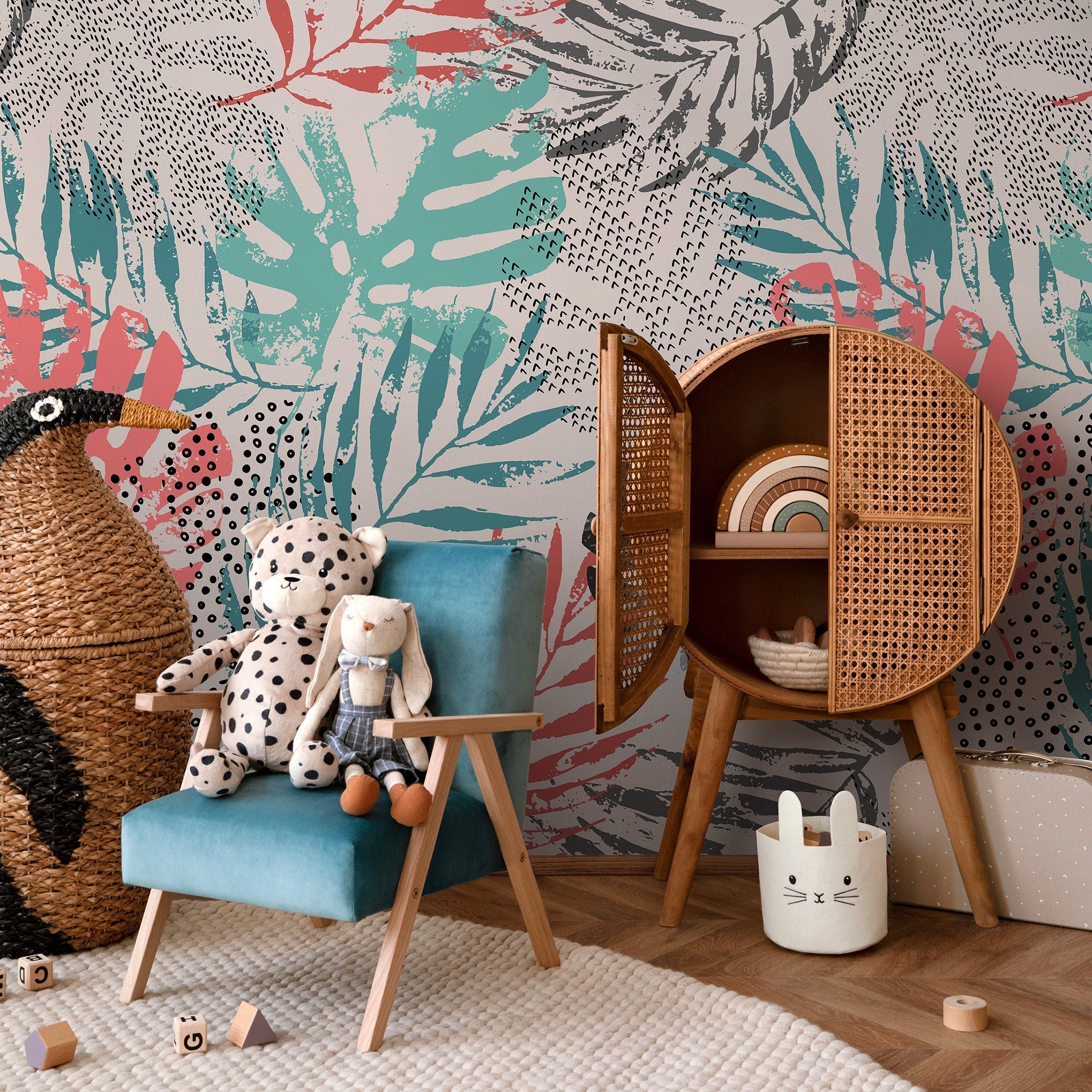 Botanical Wallpaper With An Abstract Leaf Collage In Pink, Teal, And Black - A967