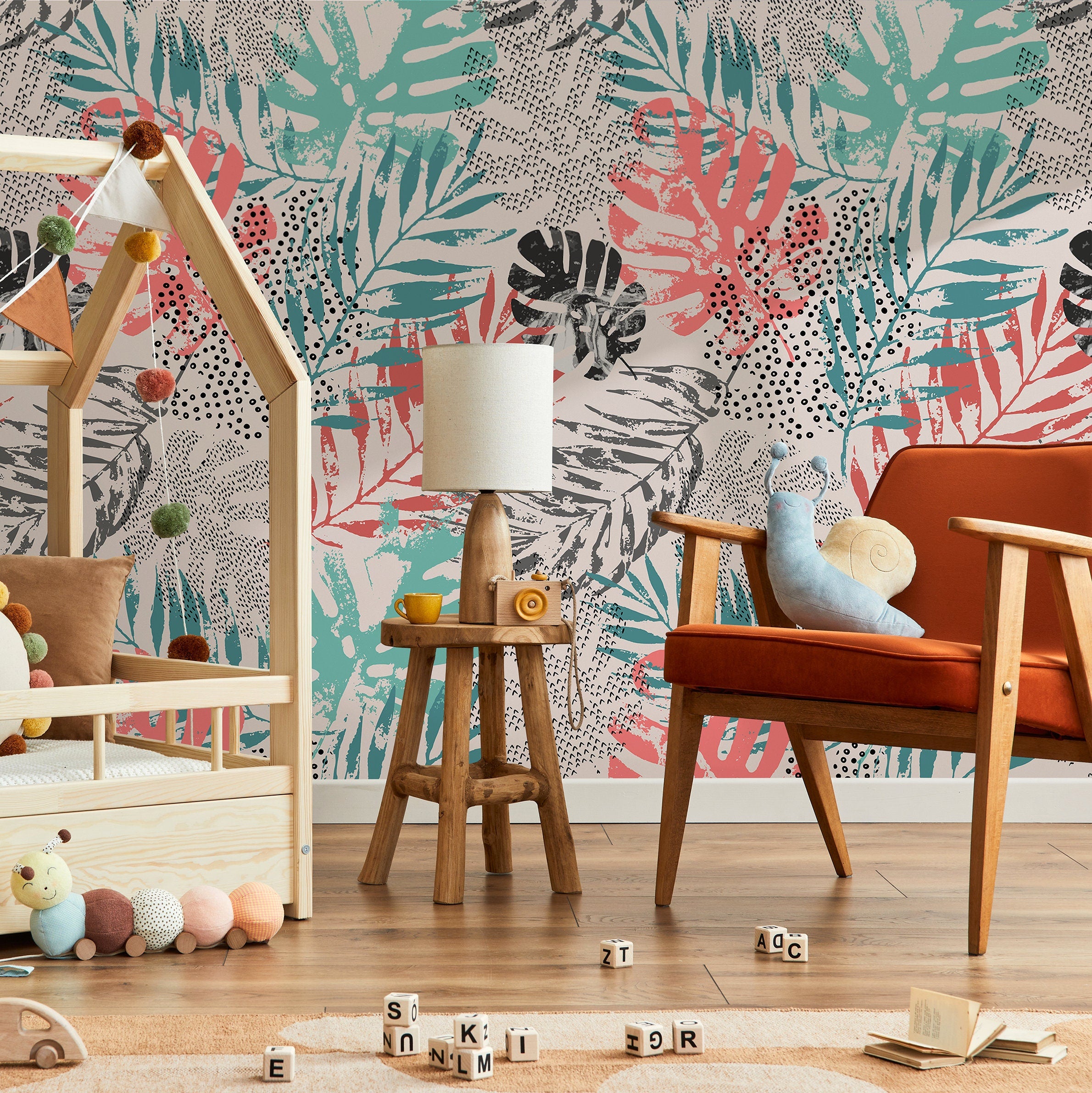 Botanical Wallpaper With An Abstract Leaf Collage In Pink, Teal, And Black - A967