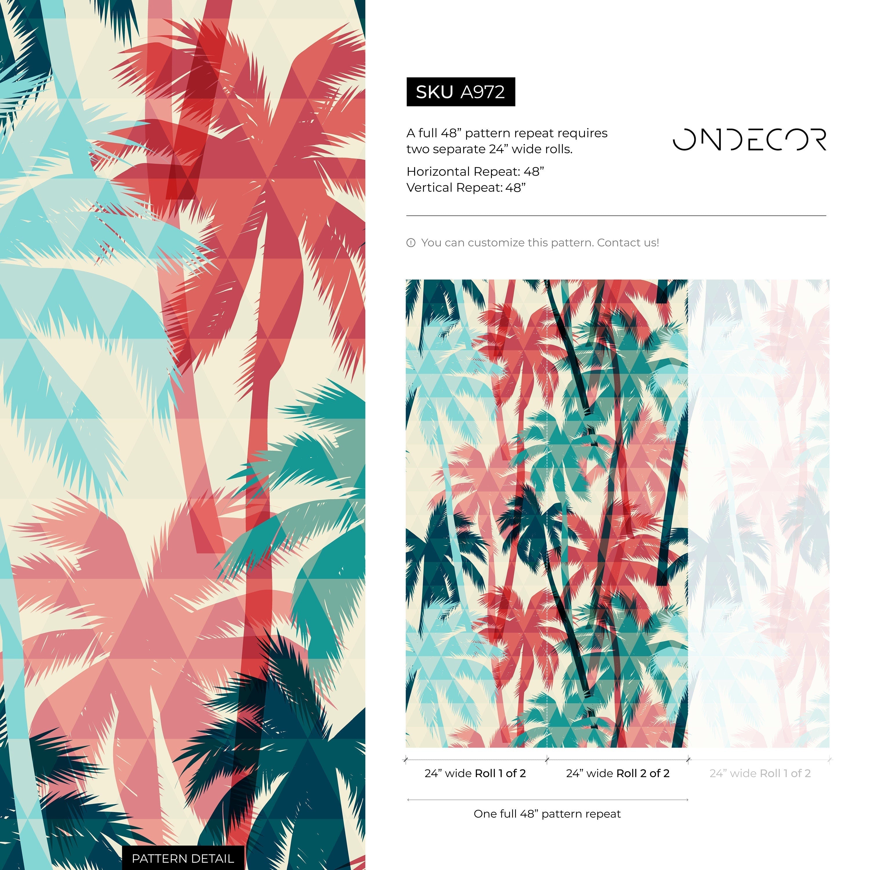 Tropical Wallpaper With A Geometric Palm Tree Motif In Teal, Red, And Blue - A972