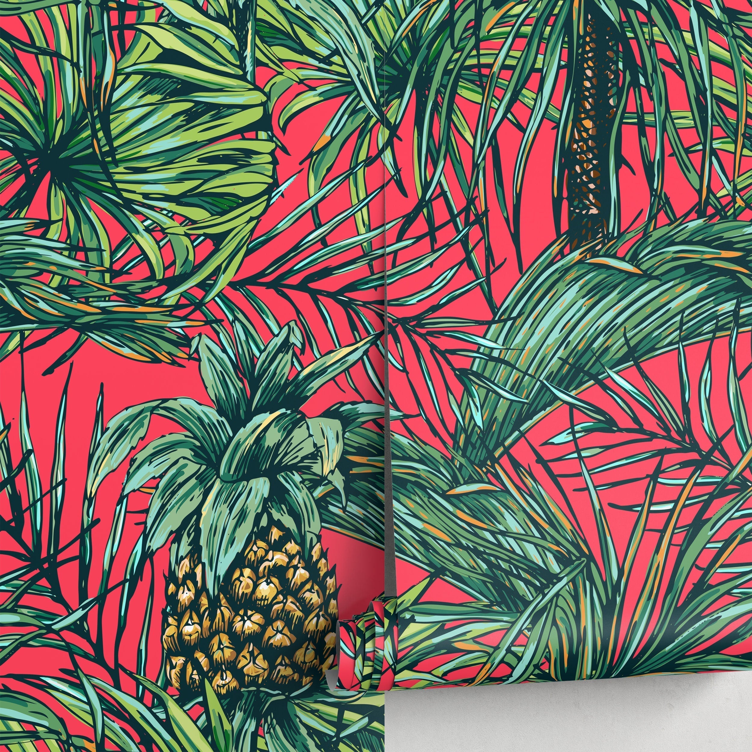 Tropical Wallpaper With Pineapples And Palm Leaves In Red, Green, And Yellow - A973