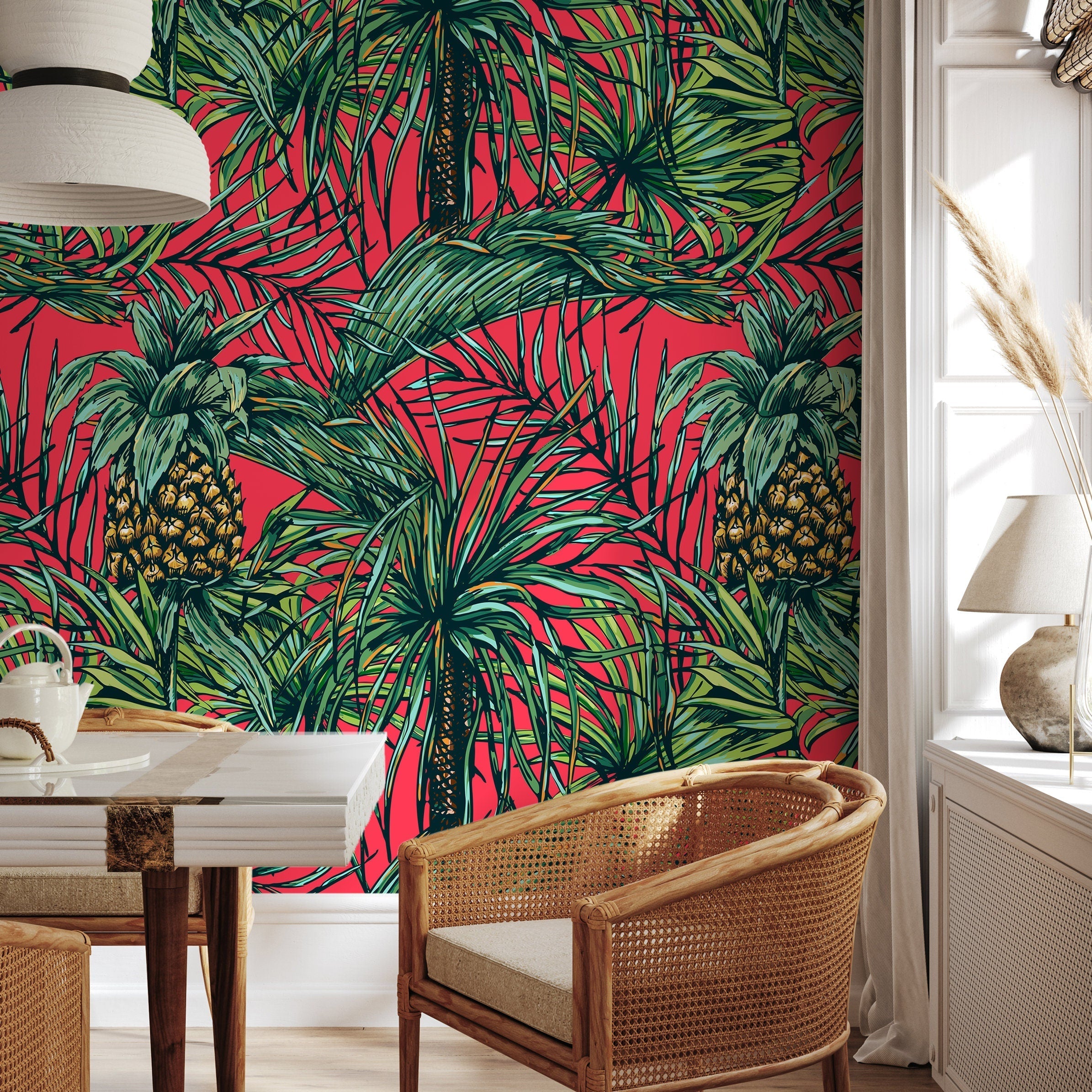 Tropical Wallpaper With Pineapples And Palm Leaves In Red, Green, And Yellow - A973