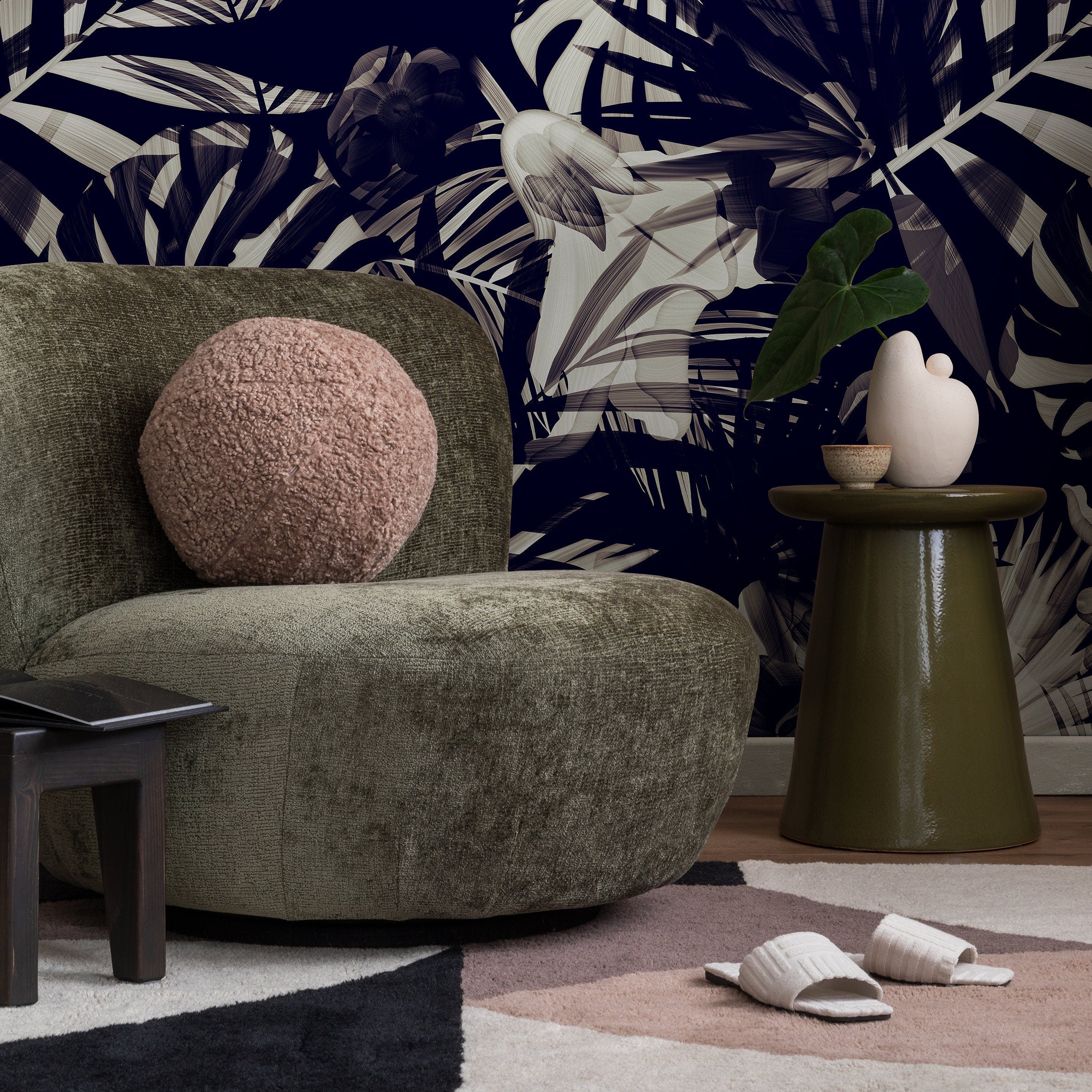 Tropical Wallpaper With Layered Palm Leaves In Navy, Taupe, And Beige - A975