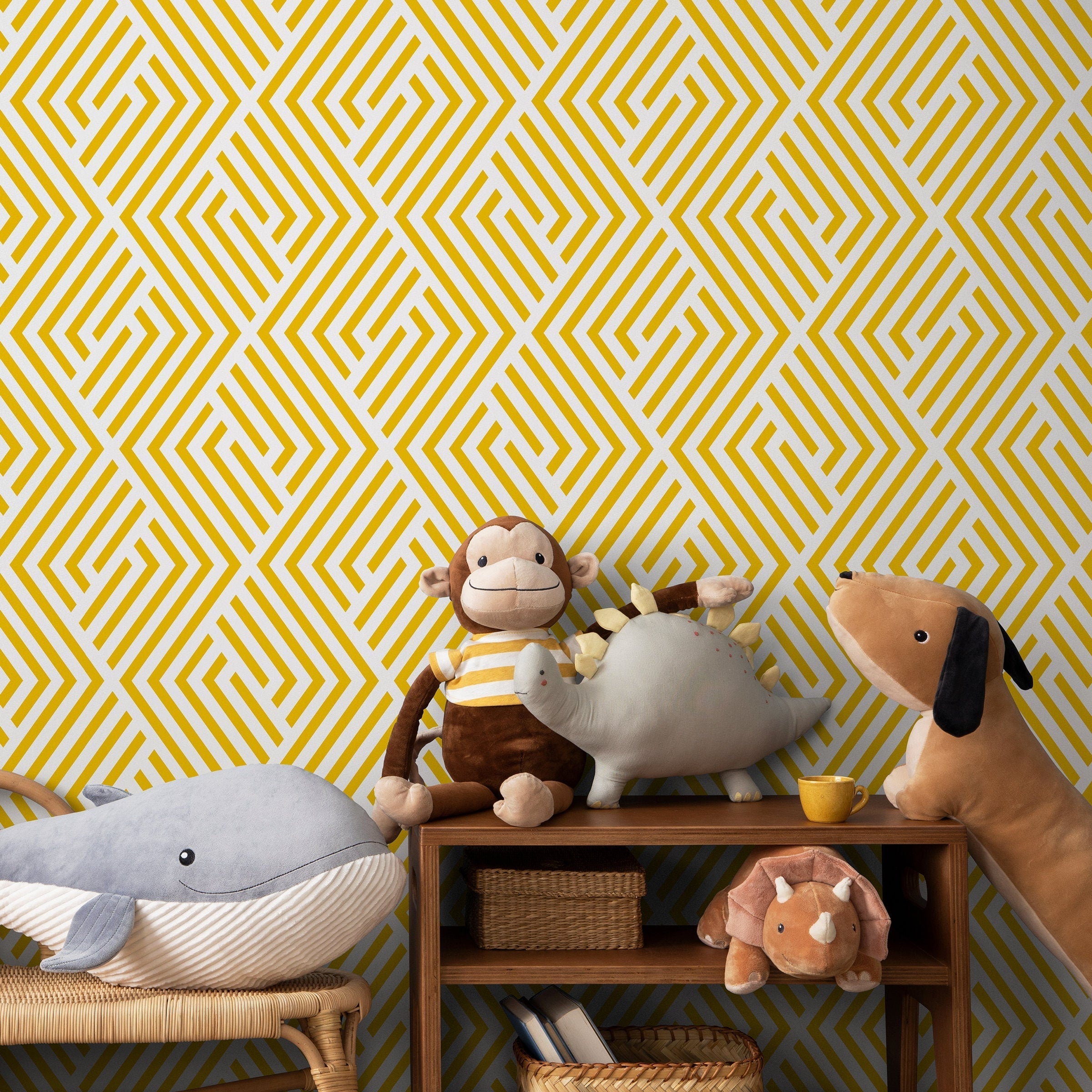 Geometric Wallpaper With A Minimalist Maze Motif In Yellow - B246