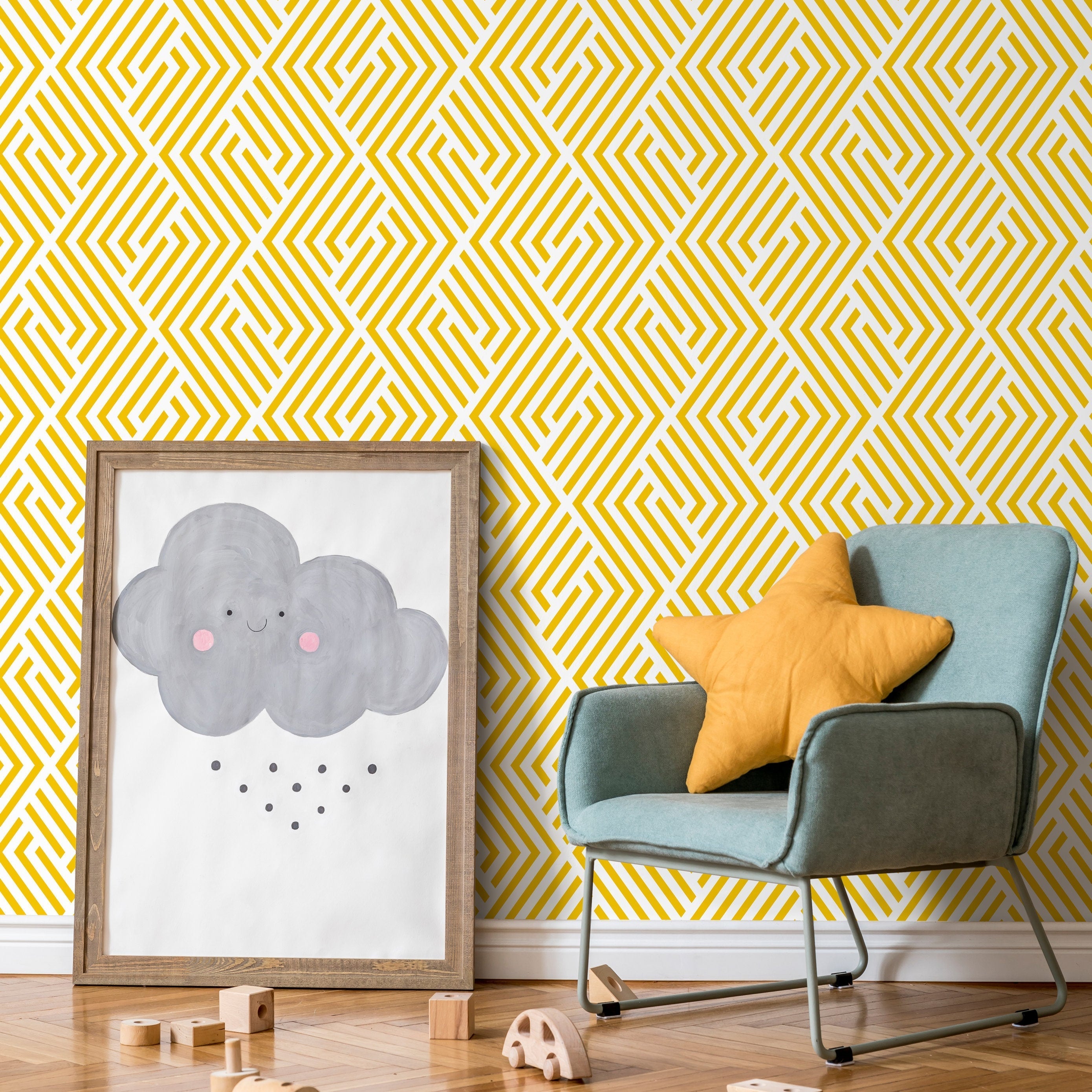 Geometric Wallpaper With A Minimalist Maze Motif In Yellow - B246