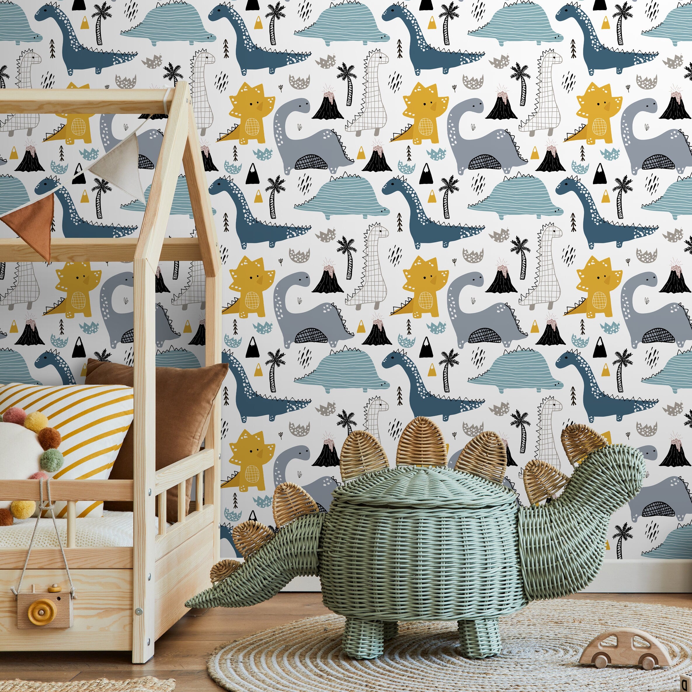 Dinosaur Wallpaper With Hand-drawn Motifs In Blue, Yellow, And Gray - B247