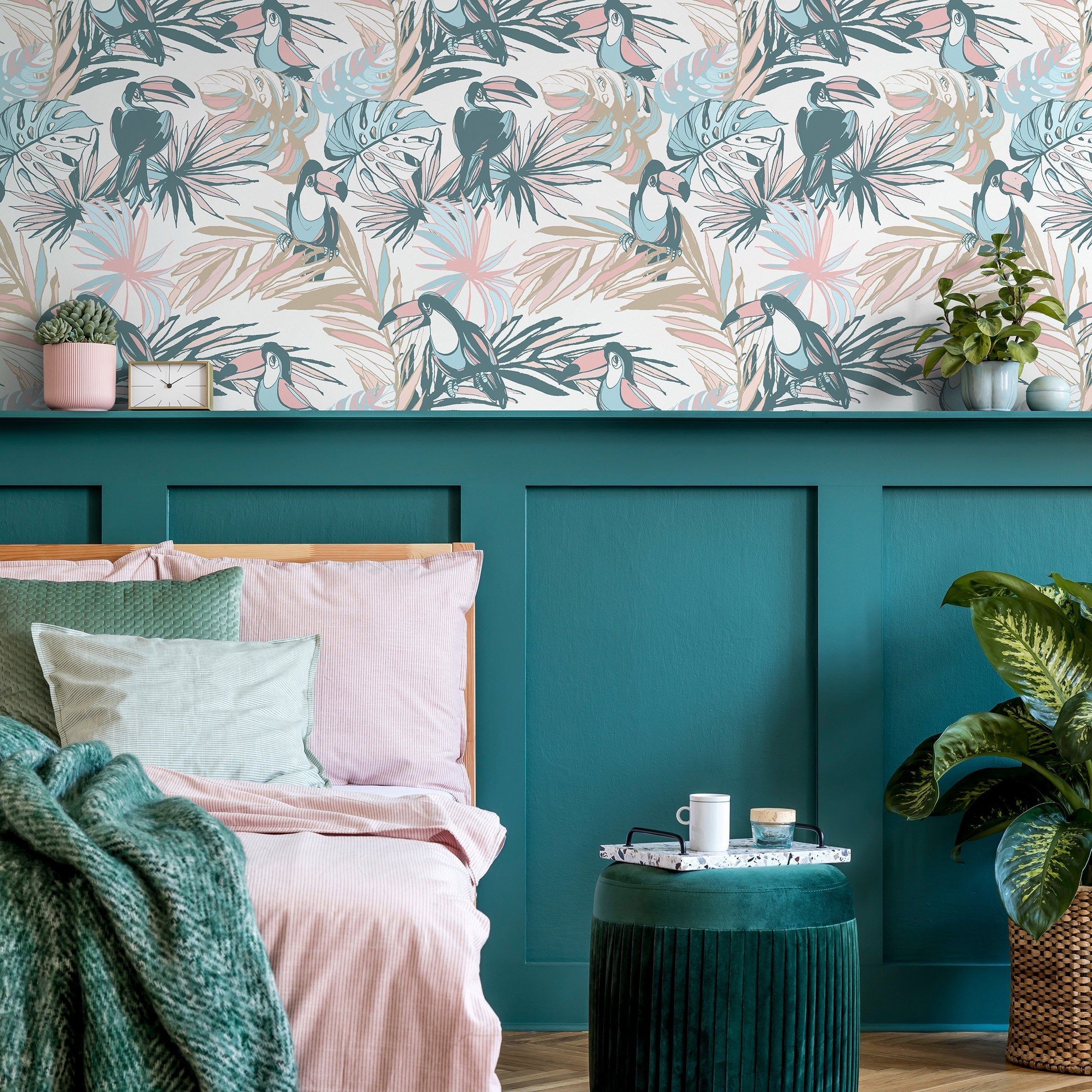 Tropical Wallpaper With Toucans And Palm Leaves In Teal, Pink, And Blue - B249