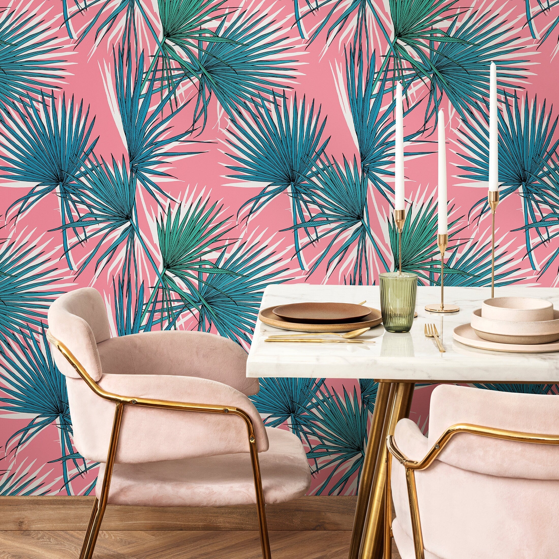Tropical Wallpaper With Stylized Fan Palm Leaves In Pink, Teal, And Green - B251