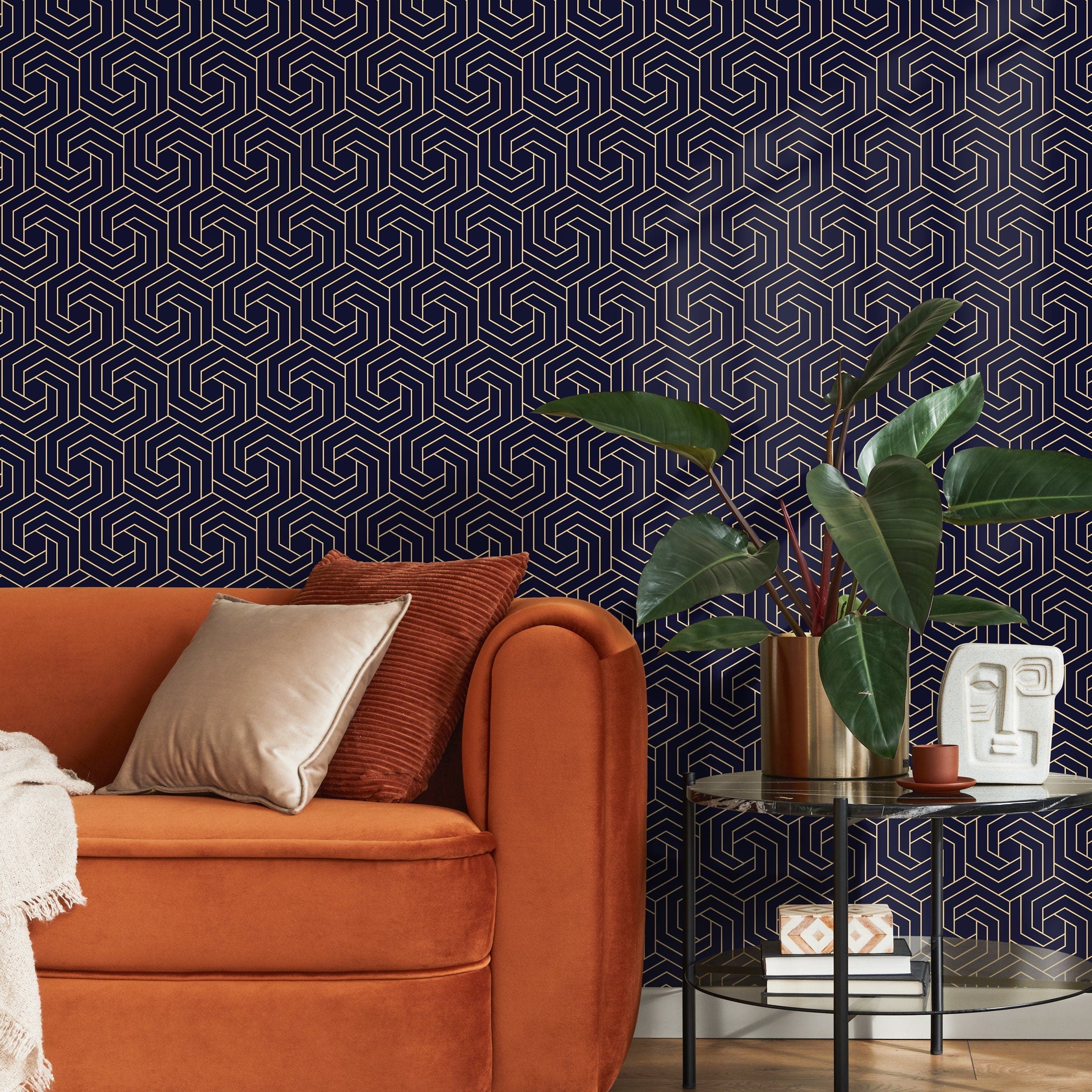 Art Deco Wallpaper With A Swirling Hexagonal Motif In Navy Blue And Gold - B255