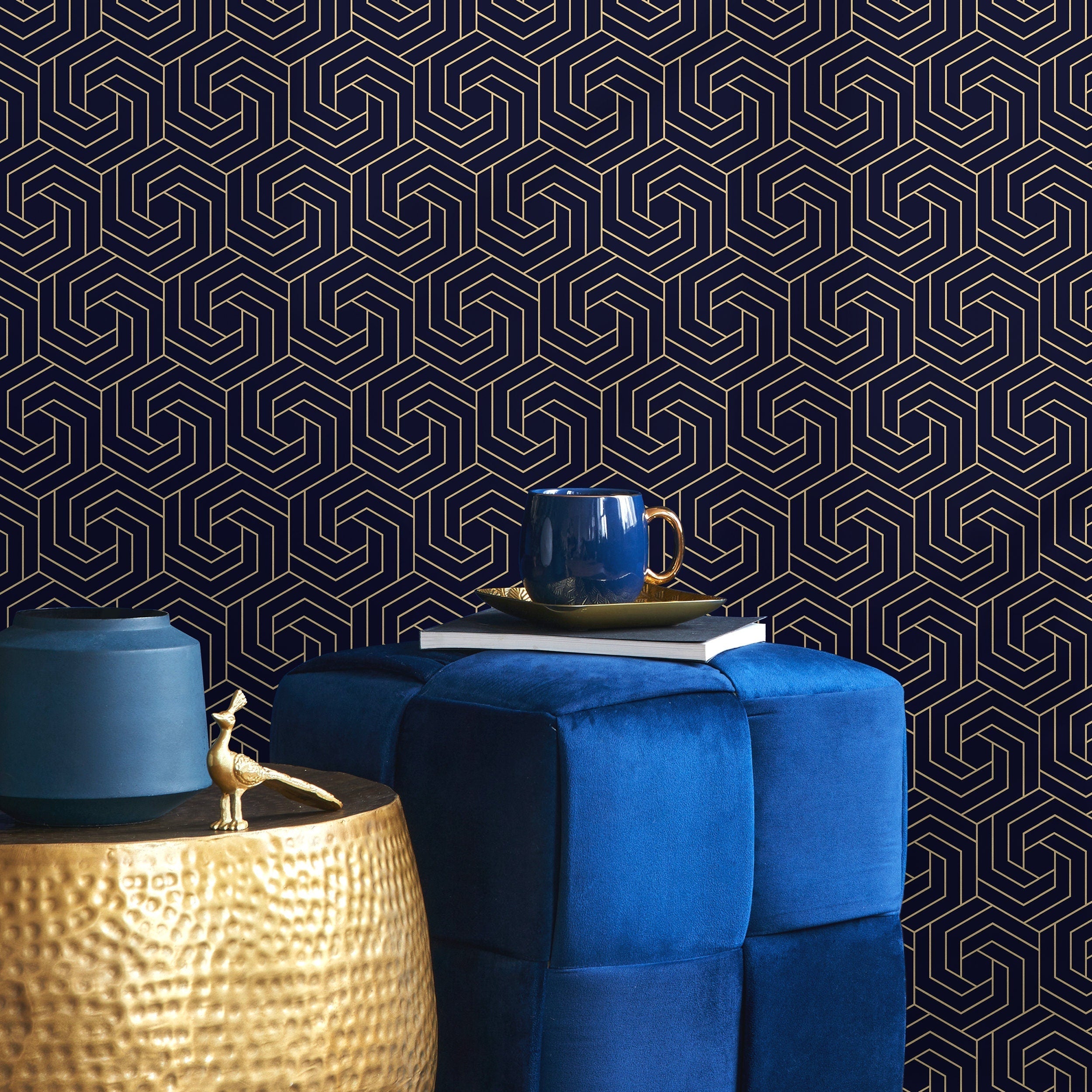 Art Deco Wallpaper With A Swirling Hexagonal Motif In Navy Blue And Gold - B255