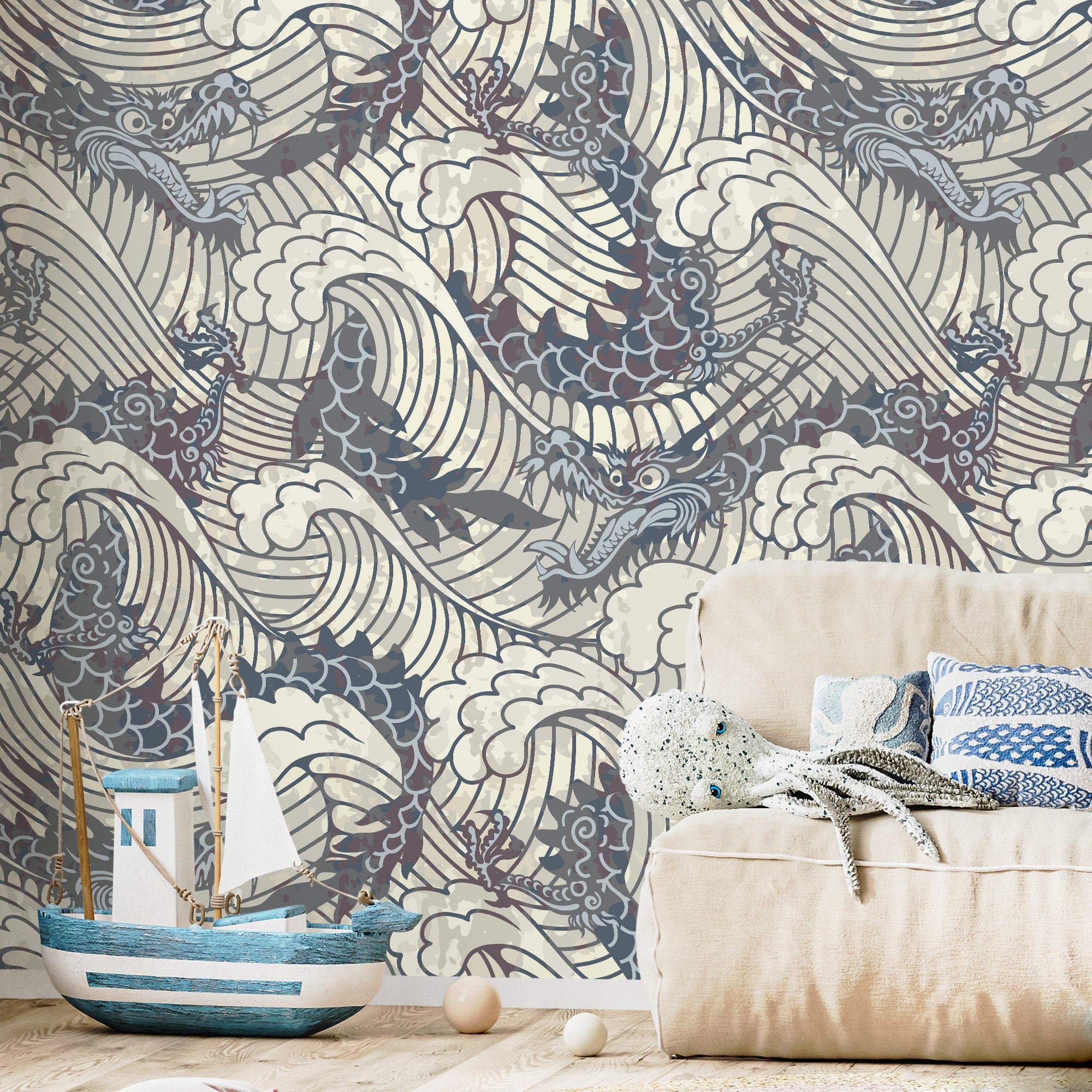 Japanese Wallpaper With A Dragon And Wave Motif In Gray And Beige - B257