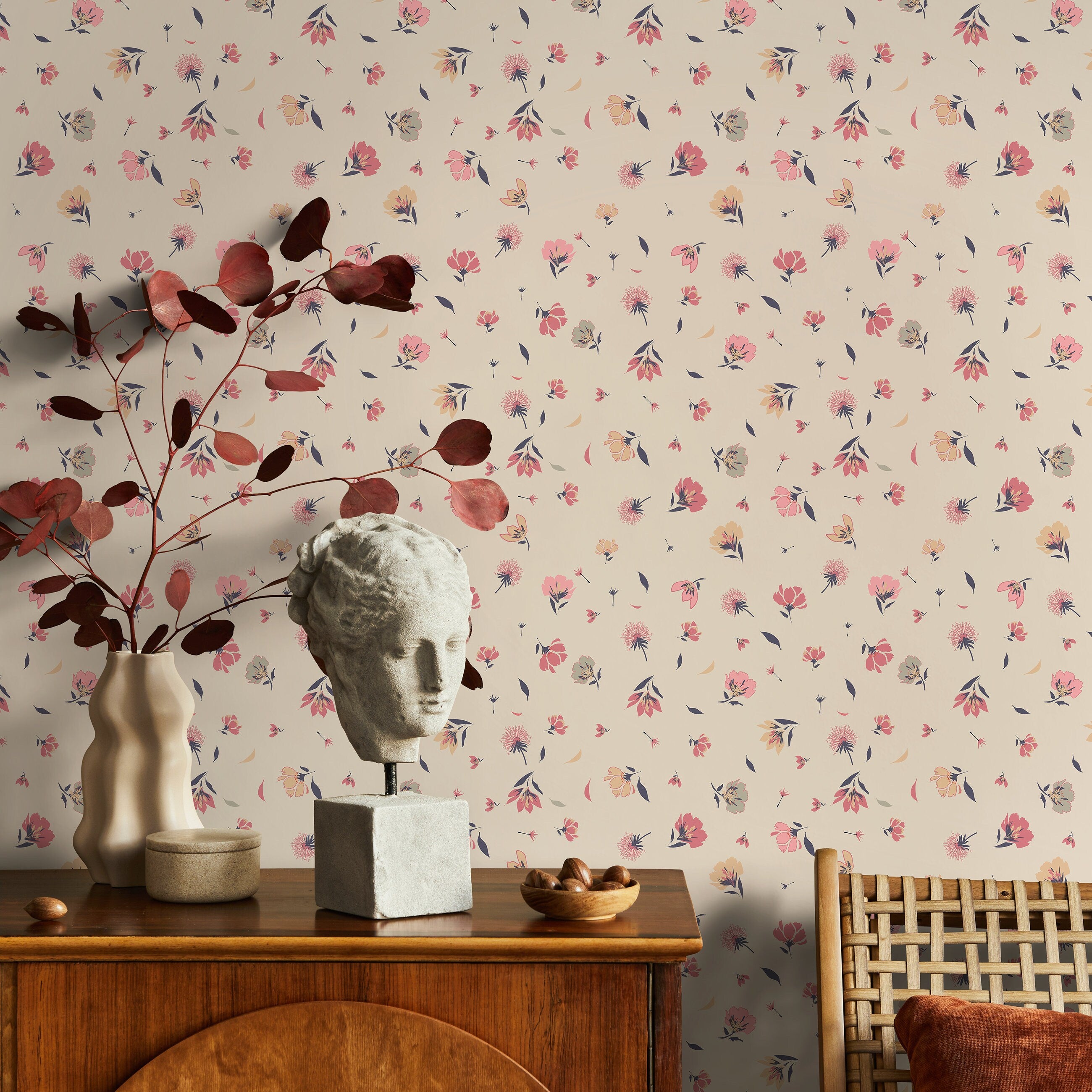 Floral Wallpaper With Dainty Wildflowers In Pink, Yellow, And Blue - B258