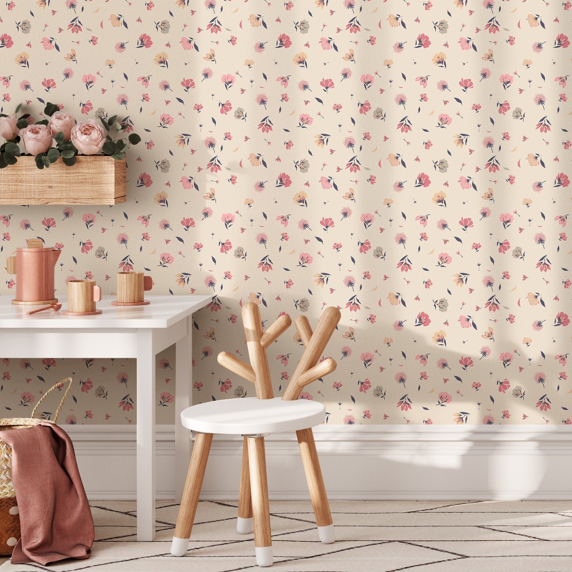 Floral Wallpaper With Dainty Wildflowers In Pink, Yellow, And Blue - B258