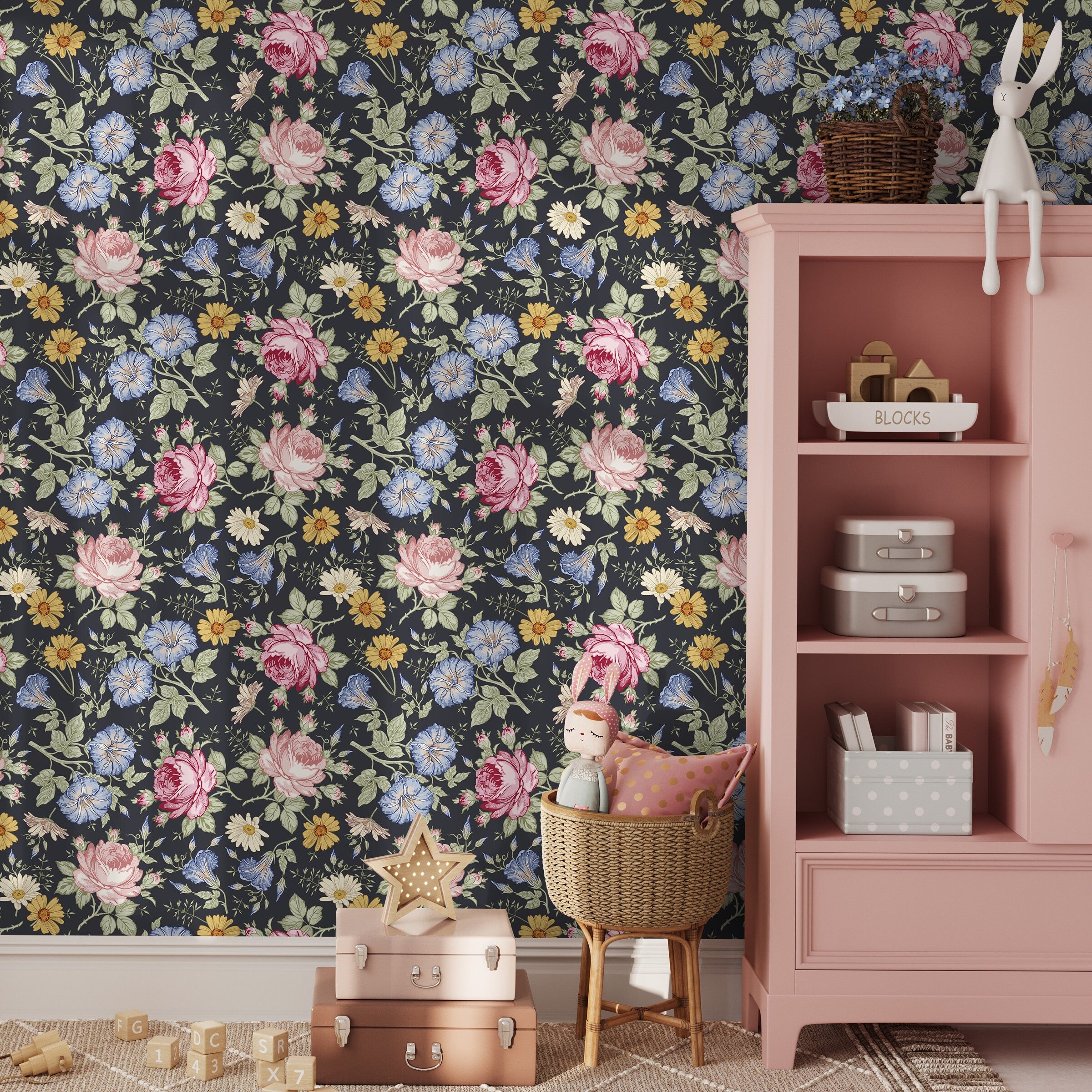 Floral Wallpaper Featuring Vintage Roses In Pink, Blue, And Yellow - B261