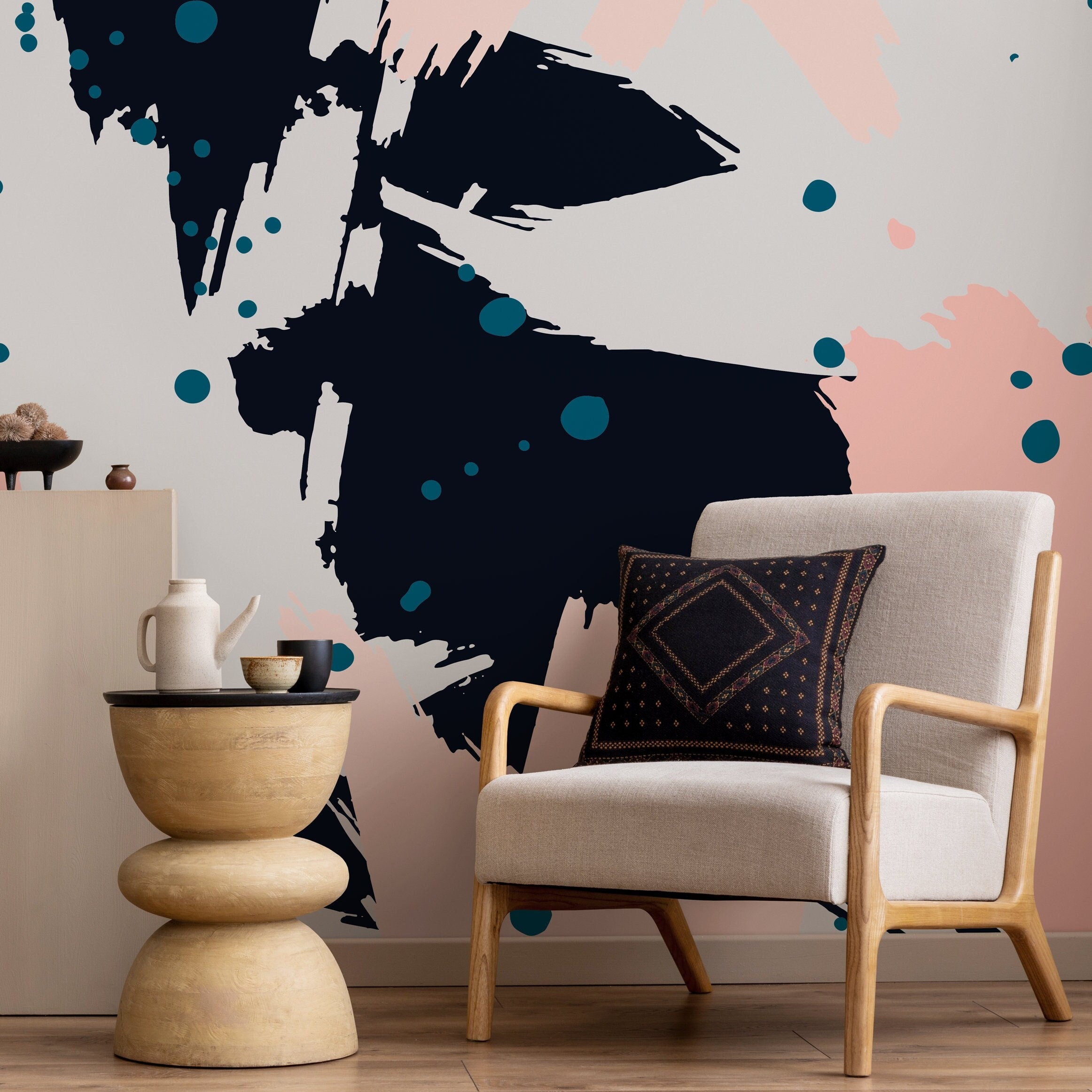 Abstract Wallpaper With Artistic Brush Strokes In Pink, Navy, And Teal - B263