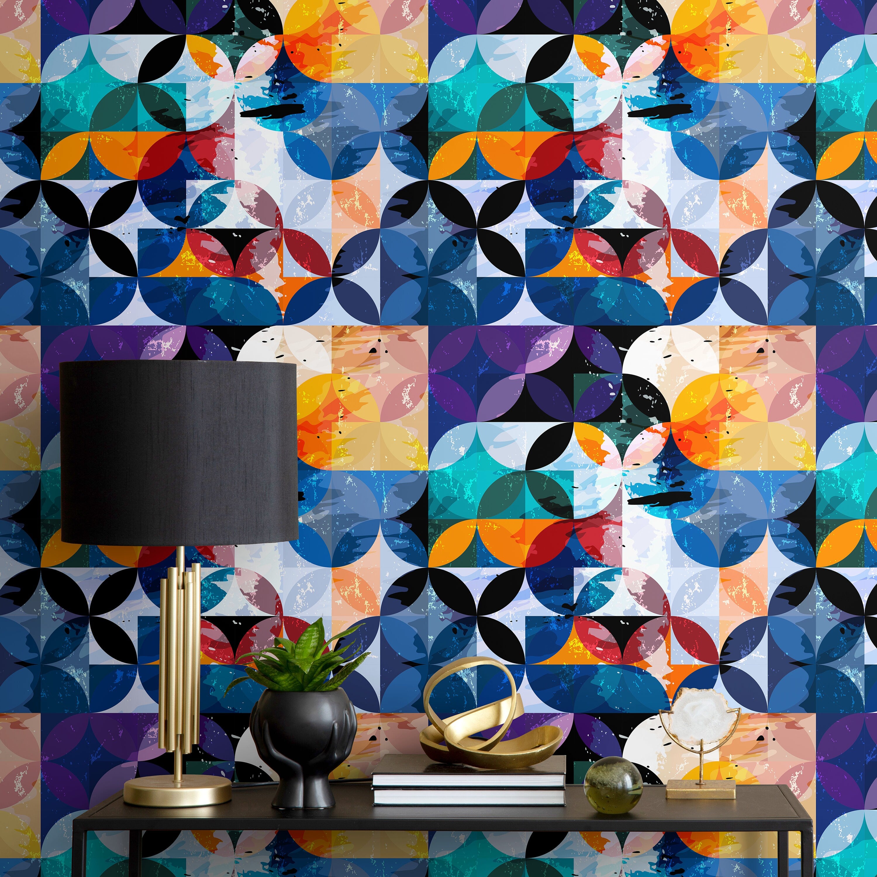 Geometric Wallpaper Featuring Overlapping Circles In Blue, Orange, And Black - B264