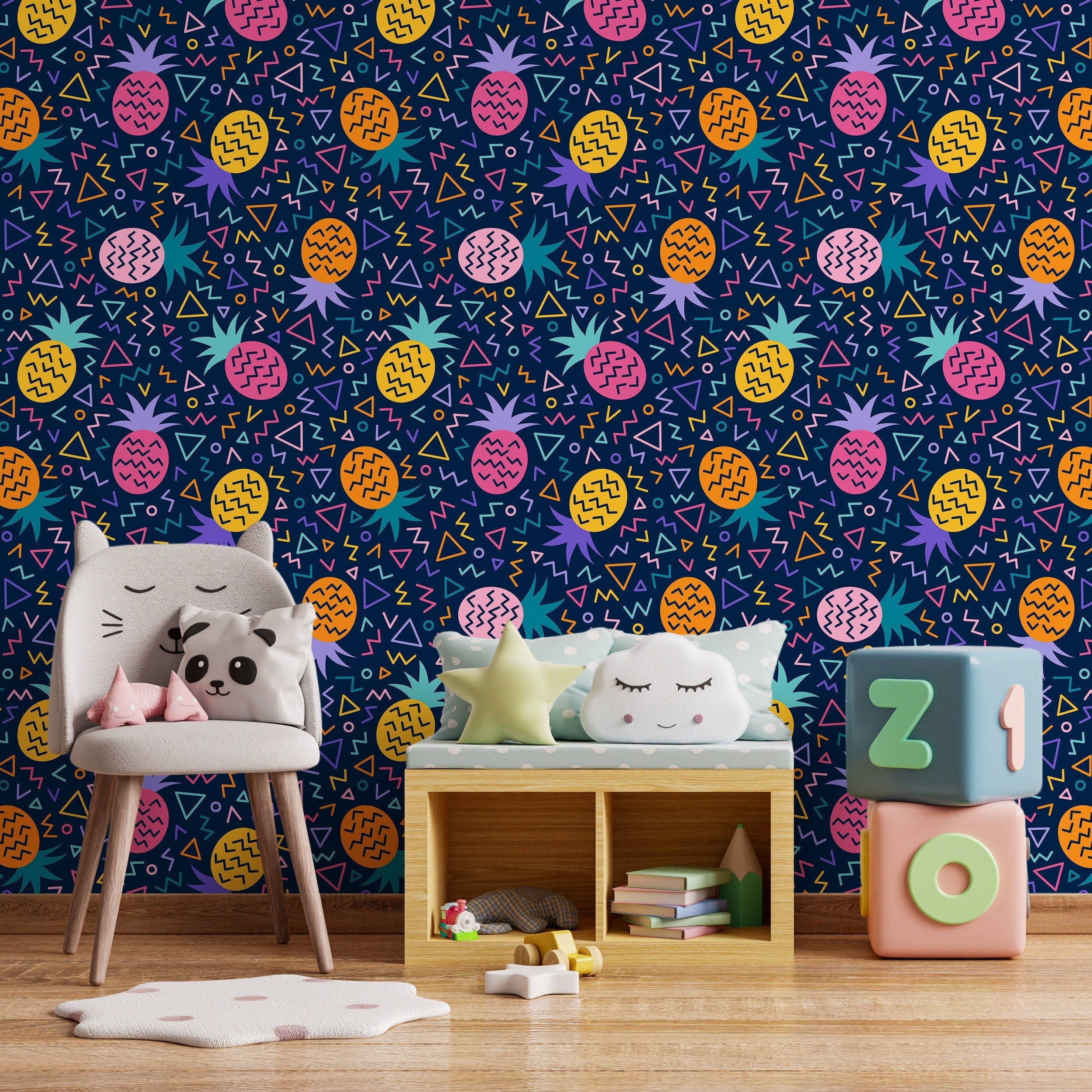 Geometric Wallpaper With A Retro Pineapple Motif In Pink, Orange, And Yellow - B267