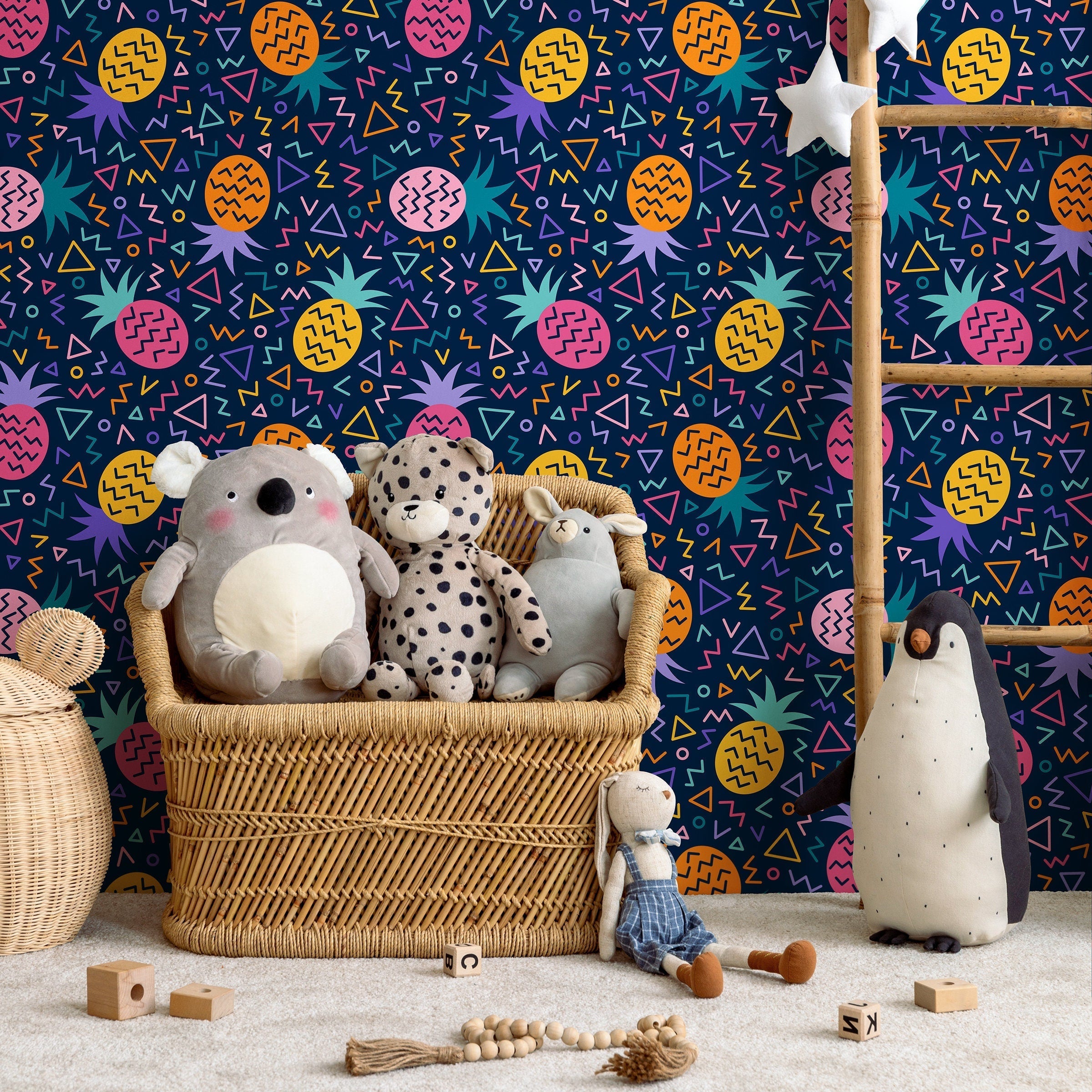 Geometric Wallpaper With A Retro Pineapple Motif In Pink, Orange, And Yellow - B267