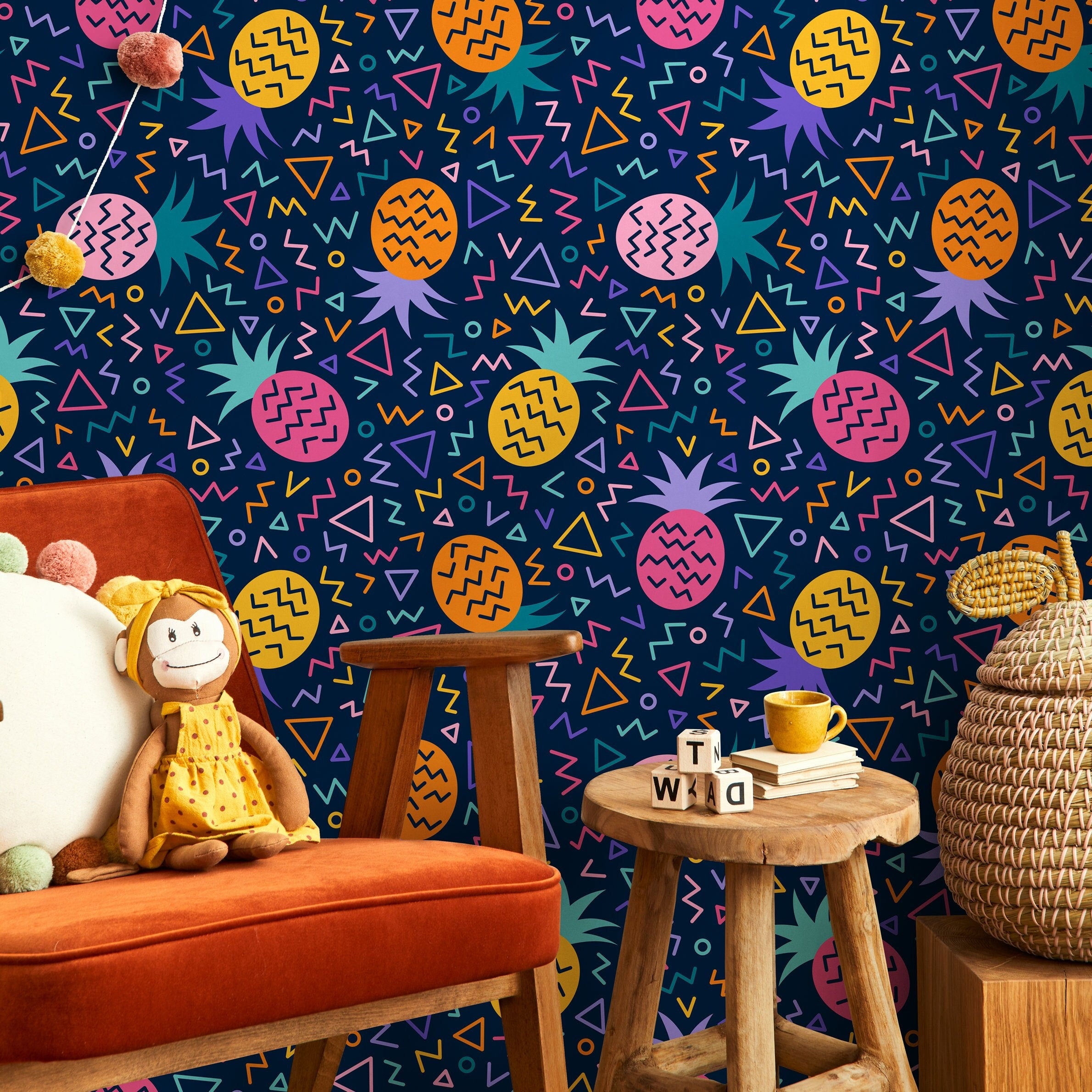 Geometric Wallpaper With A Retro Pineapple Motif In Pink, Orange, And Yellow - B267