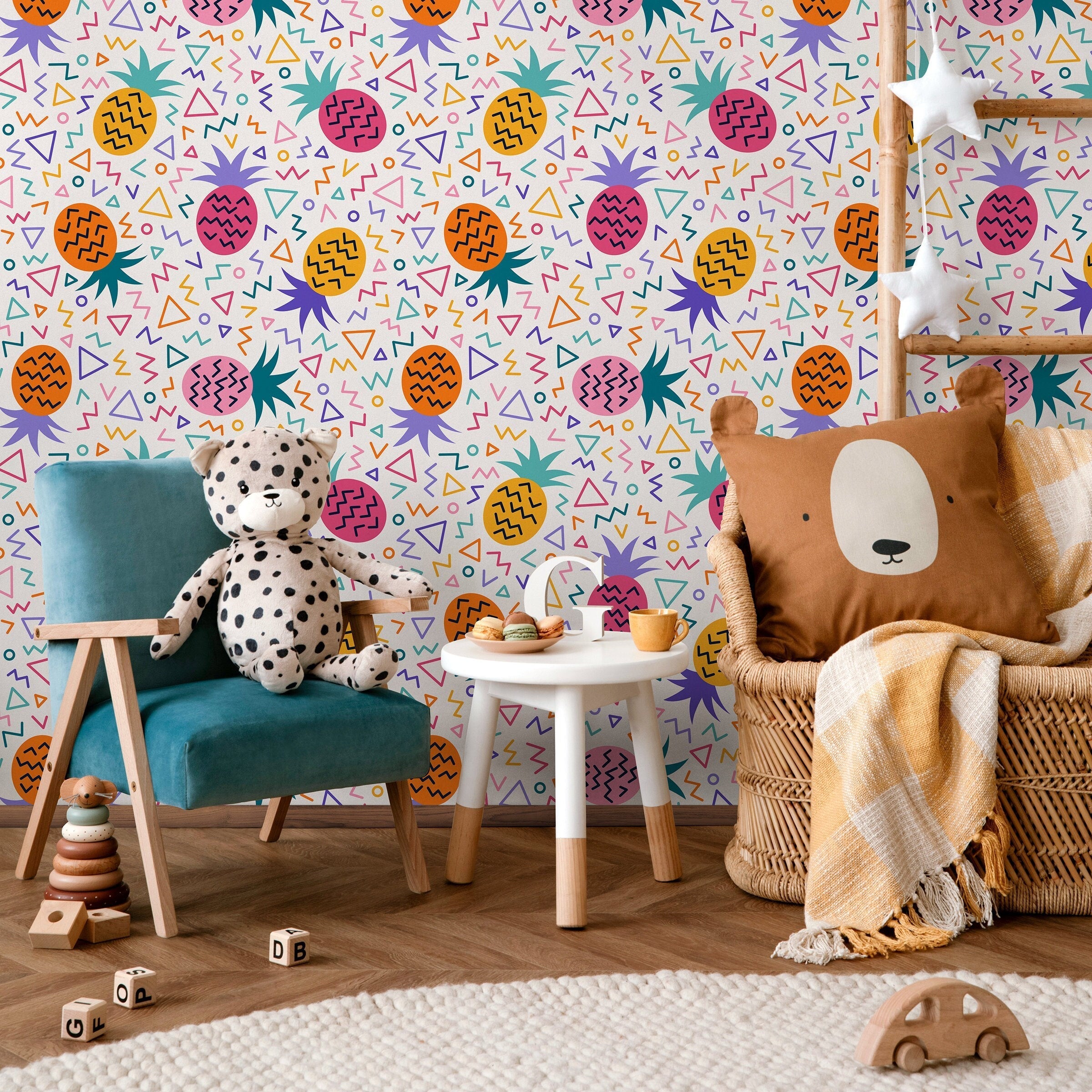 Pineapple Wallpaper With Geometric Shapes In Pink, Orange, And Teal - B268