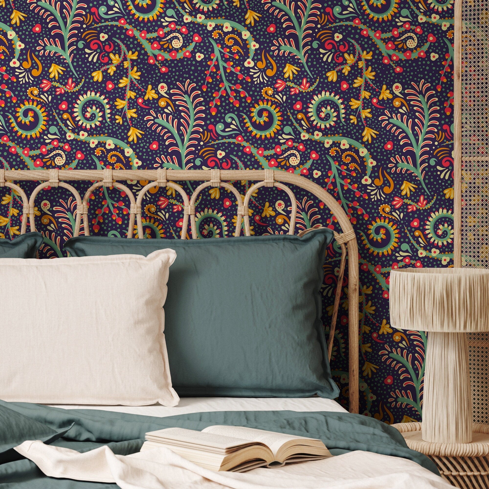 Folk Art Wallpaper With Intricate Paisley Motifs In Red, Yellow, And Teal - B271