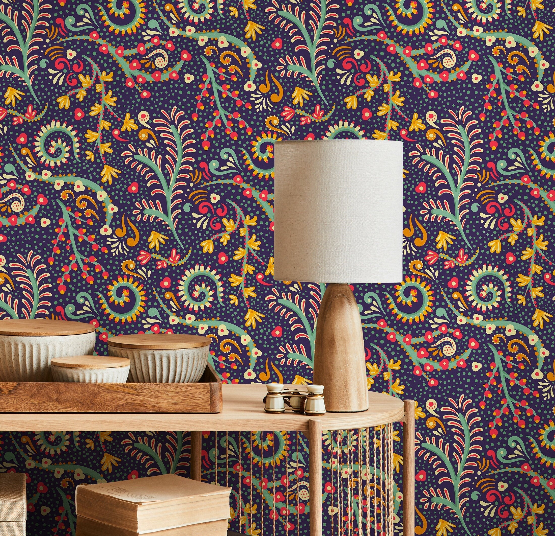 Folk Art Wallpaper With Intricate Paisley Motifs In Red, Yellow, And Teal - B271