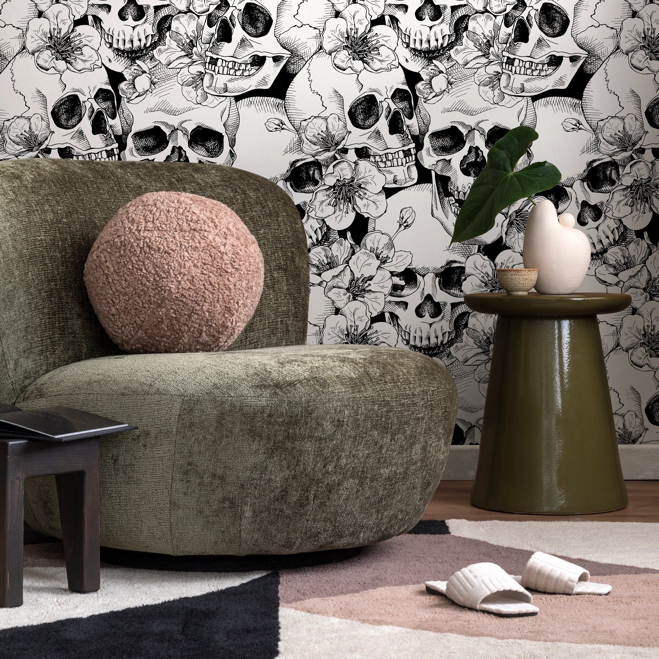 Gothic Wallpaper With Skulls And Blossoms In Black And White - A112