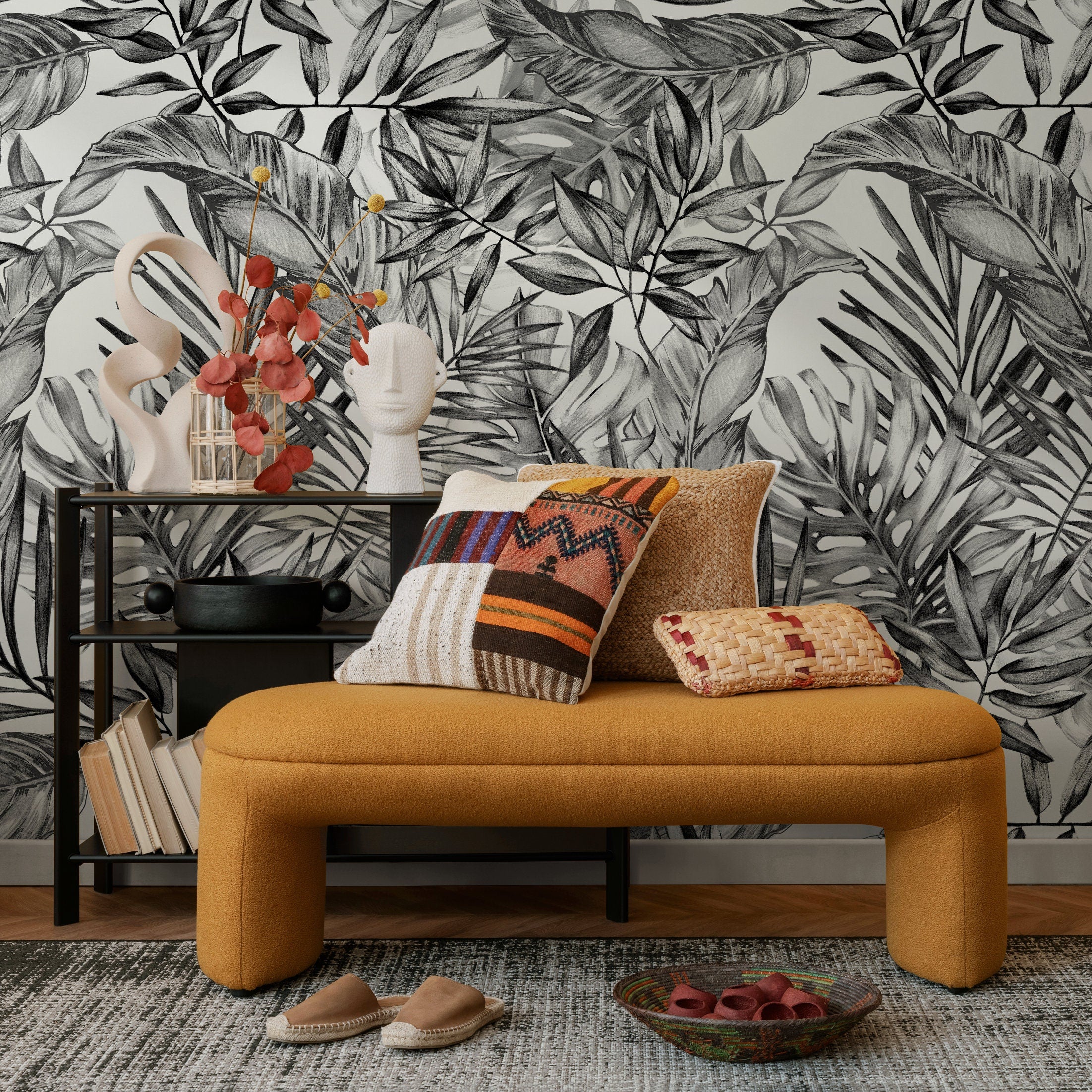 Tropical Wallpaper With A Jungle Foliage Sketch In Black And White - A277