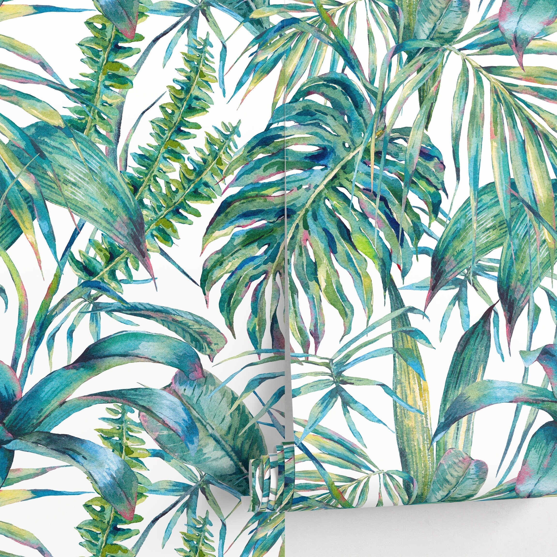 Tropical Wallpaper With Watercolor Jungle Leaves In Green, Teal, And Blue - A285