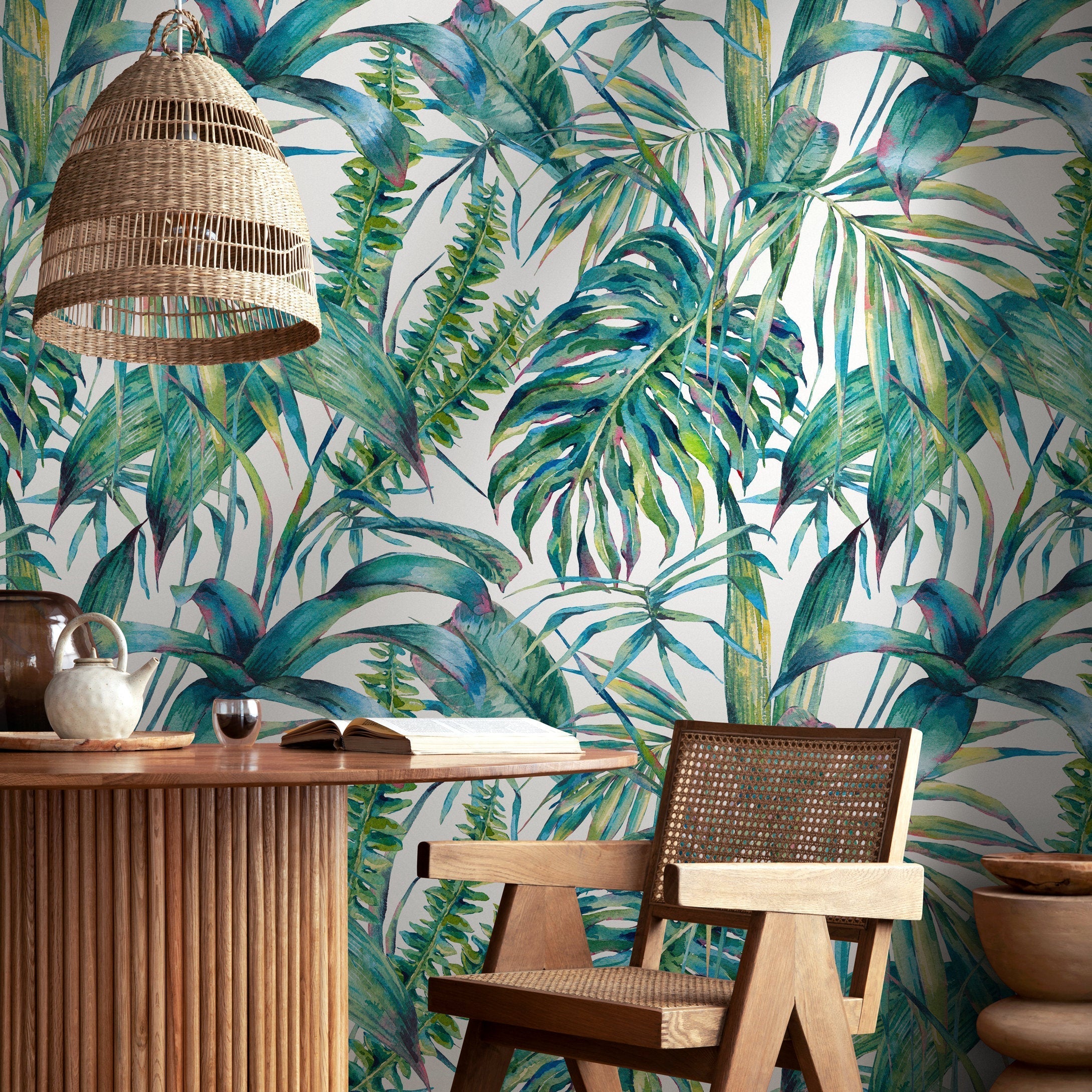 Tropical Wallpaper With Watercolor Jungle Leaves In Green, Teal, And Blue - A285
