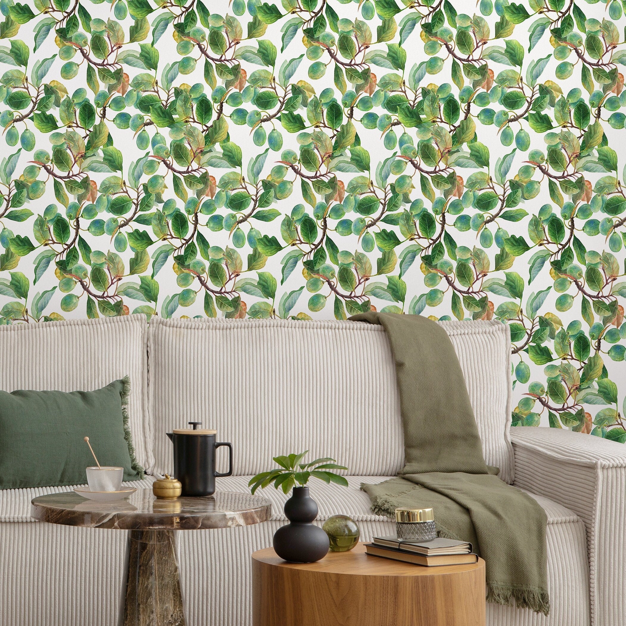 Botanical Wallpaper Featuring Watercolor Fruit Branches In Green And Brown - A288