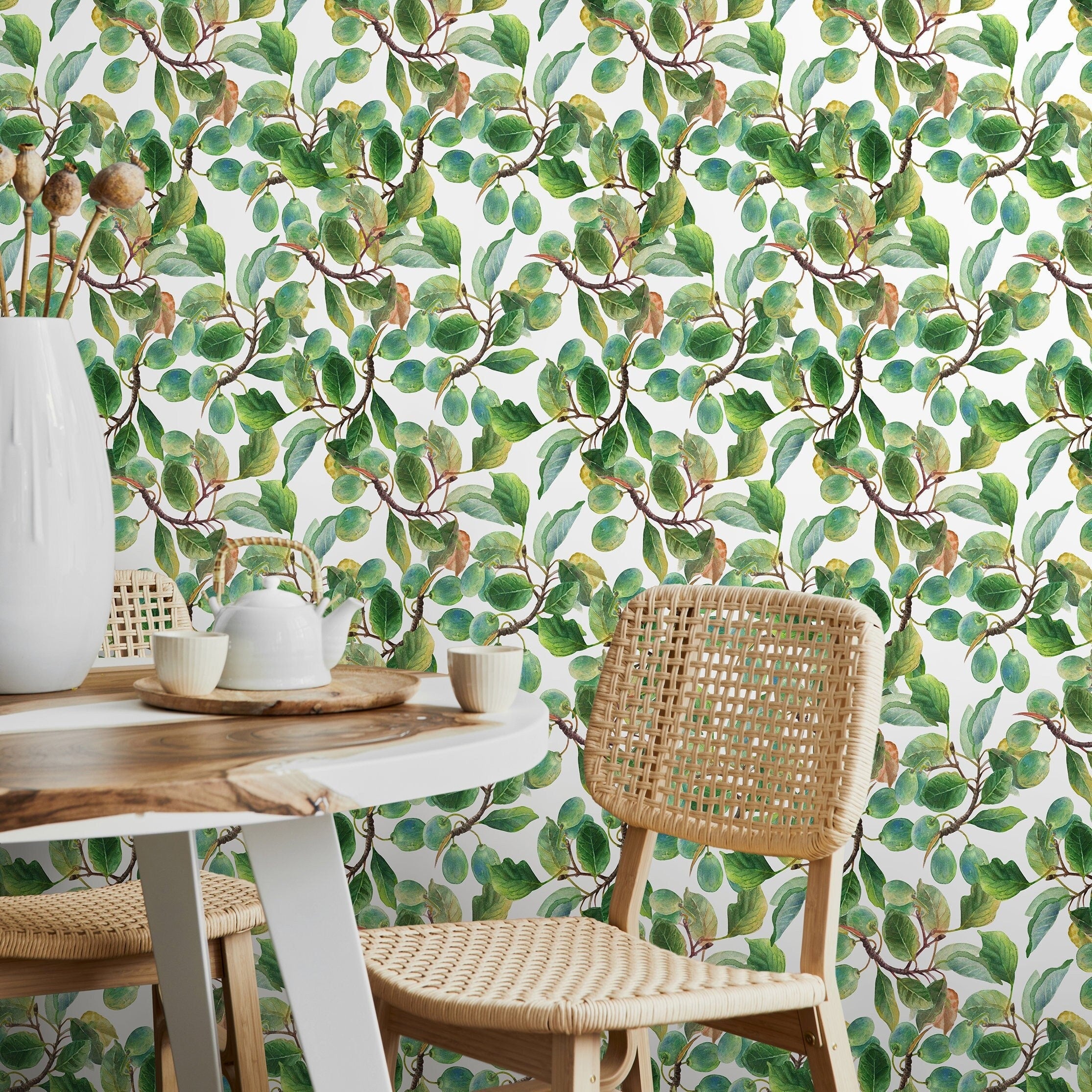 Botanical Wallpaper Featuring Watercolor Fruit Branches In Green And Brown - A288
