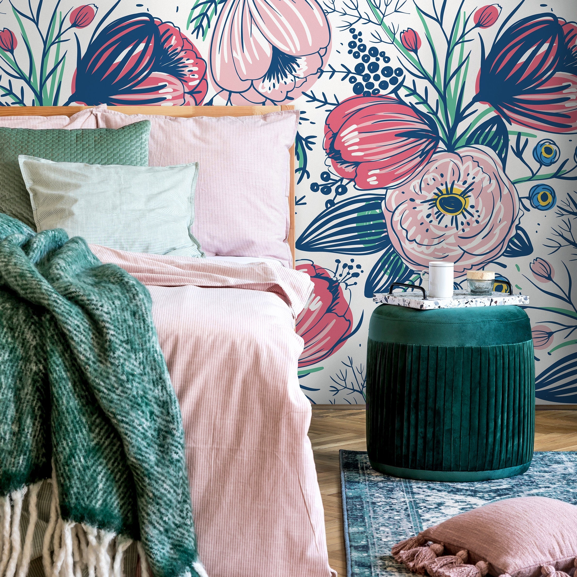 Boho Floral Wallpaper With Stylized Botanicals In Pink, Blue, And Yellow - A368