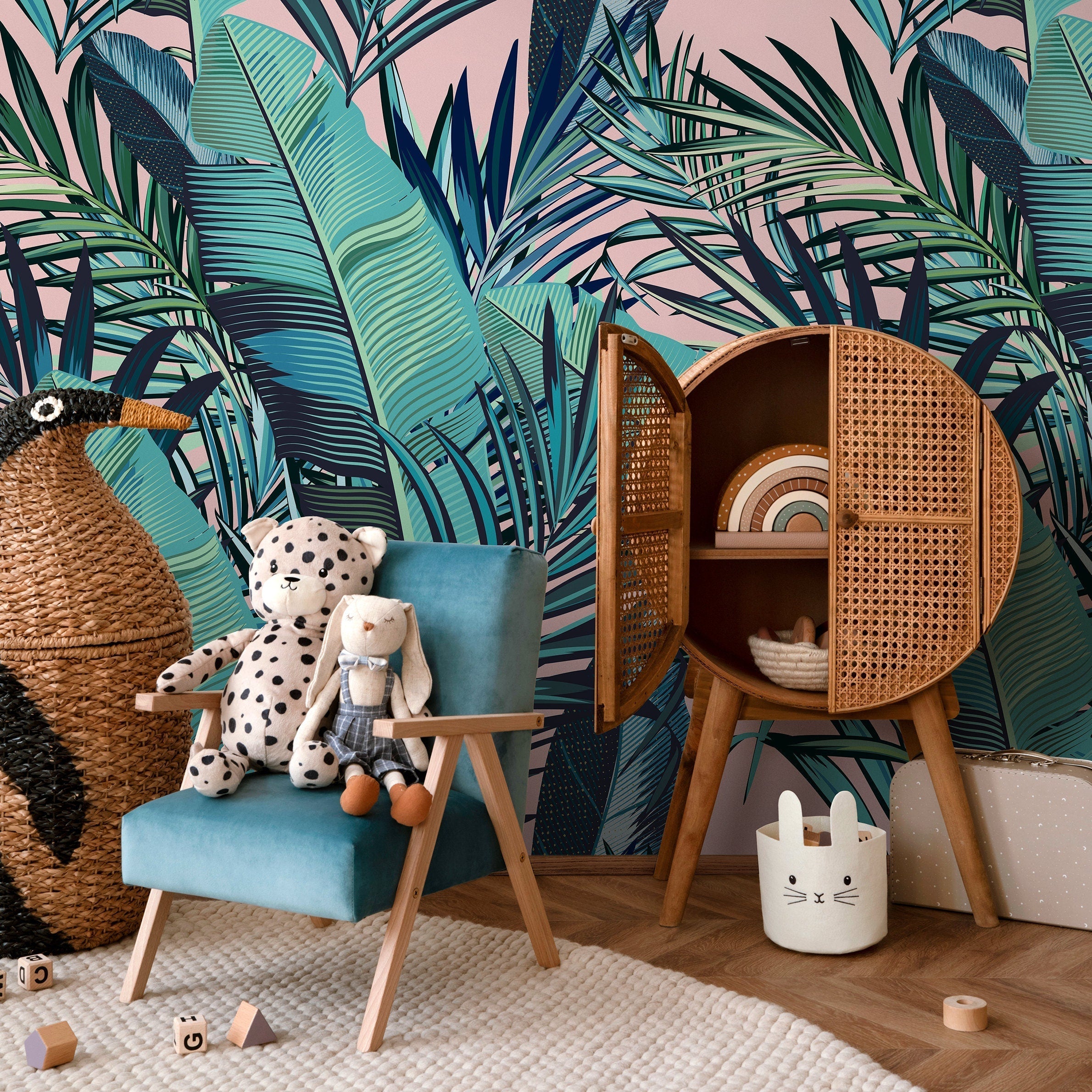 Tropical Wallpaper With Layered Palm And Banana Leaves In Pink, Teal, And Green - A794