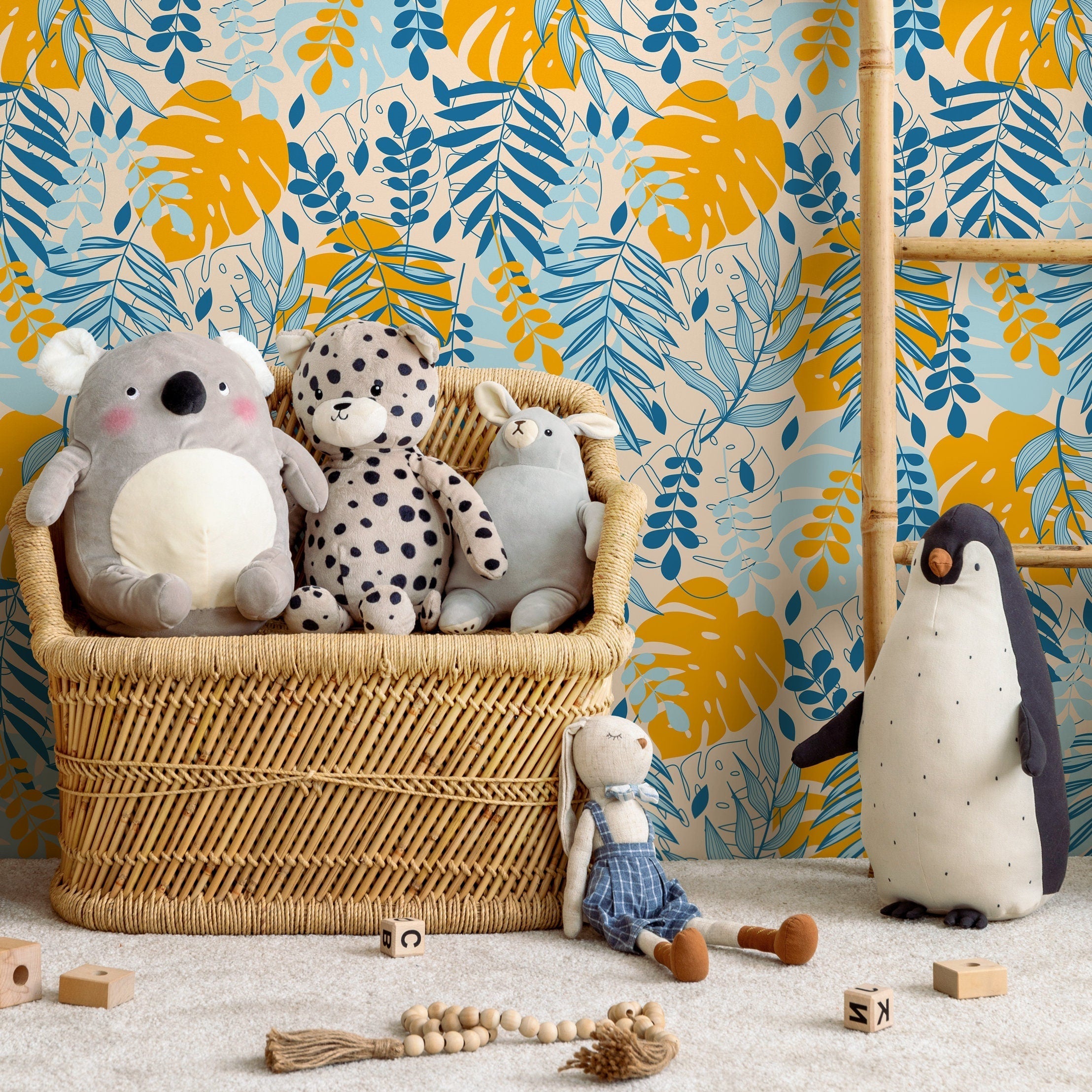 Tropical Wallpaper With A Boho Leaf Motif In Yellow And Blue - A808