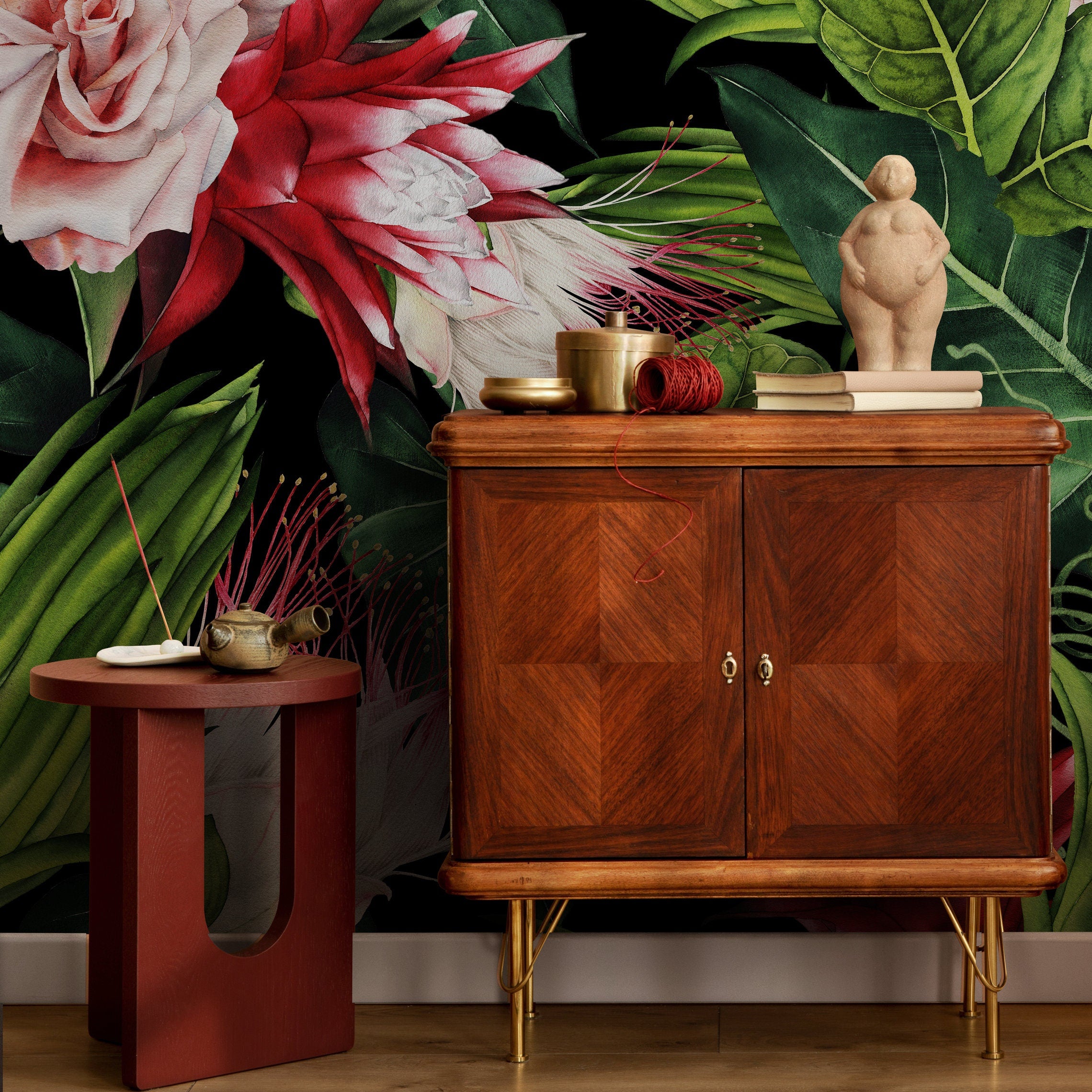 Botanical Wallpaper With Tropical Roses And Exotic Blooms In Pink, Red, And Green - A847