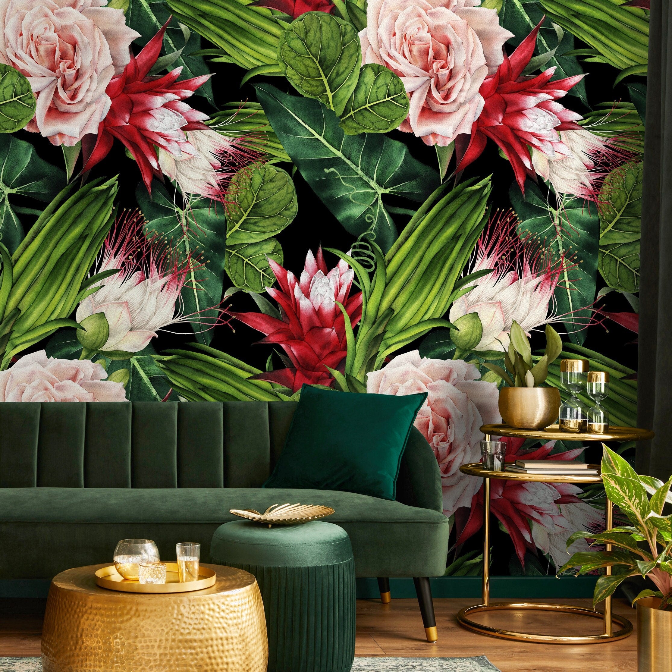 Botanical Wallpaper With Tropical Roses And Exotic Blooms In Pink, Red, And Green - A847
